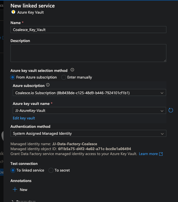 The image shows the New linked service configuration page in the Microsoft Azure portal for an Azure Key Vault. The fields include the name of the linked service, the Azure subscription, and the key vault name, with an authentication method set to System Assigned Managed Identity. The managed identity name and object ID are displayed, with options to test the connection and add annotations.