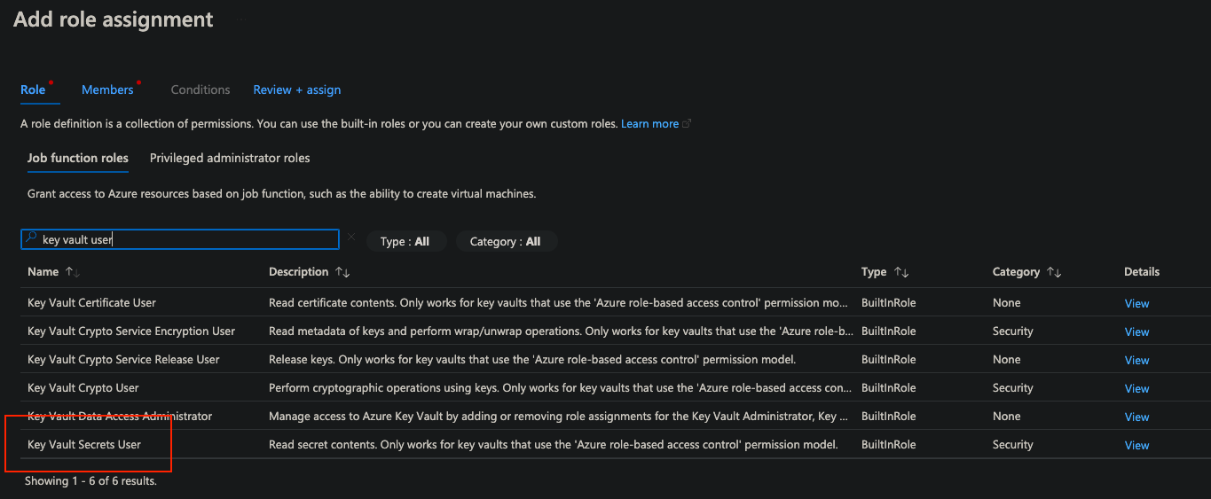 The image shows the Add role assignment page in the Microsoft Azure portal for a key vault. The search results list various roles related to key vaults, with the Key Vault Secrets User role highlighted. The page is divided into tabs for Role, Members, Conditions, and Review + assign, indicating steps for assigning roles.