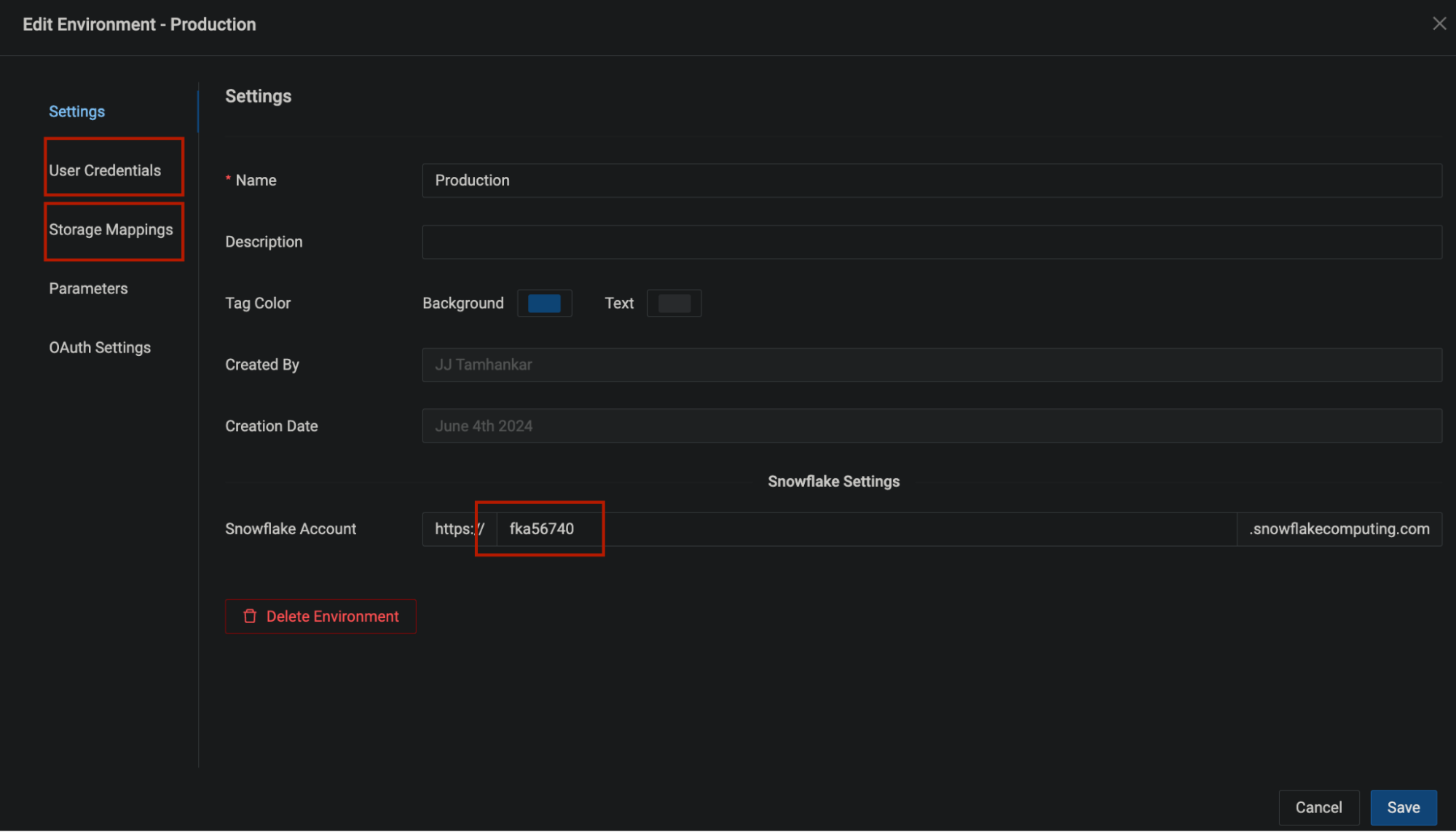 The image shows an Edit Environment - Production interface with a dark theme. On the left, there is a vertical menu with sections like Settings, User Credentials, and Storage Mappings highlighted. The main section contains various settings for the environment, including the name, description, tag color, creation date, and Snowflake account details, with highlighted red borders around key areas like User Credentials, Storage Mappings, Snowflake Account, and Delete Environment button.