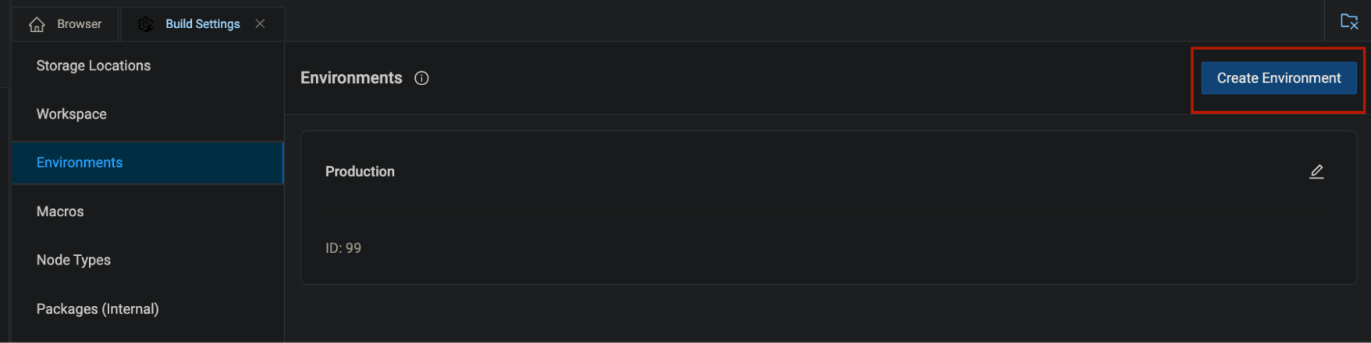 The image displays a dark-themed interface with a navigation menu on the left, highlighting the Environments section. On the right side, there's a section labeled Environments showing a single environment named Production with an ID of 99. At the top right, there's a blue button labeled Create Environment highlighted with a red border.