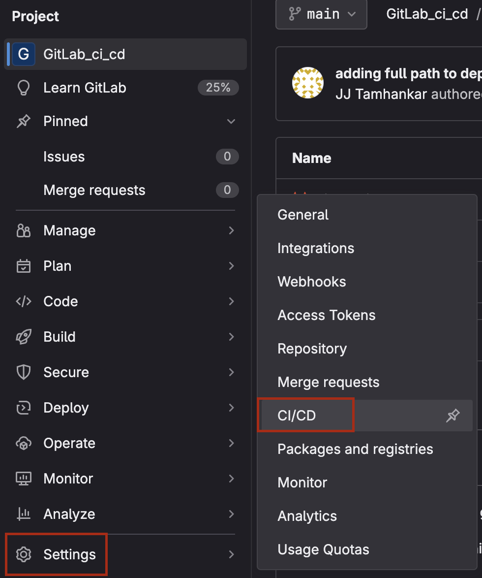 The image displays a GitLab project interface with a dark theme, focusing on the GitLab_ci_cd project. On the left side, the navigation menu includes various sections such as Learn GitLab, Pinned, Issues, and Merge requests, with Settings highlighted at the bottom. The right side shows a dropdown menu under Settings, highlighting the CI/CD option, indicating the current focus on continuous integration and deployment settings.