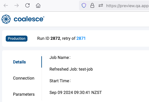 A page showing a retry in Coalesce with the current and previous runs.