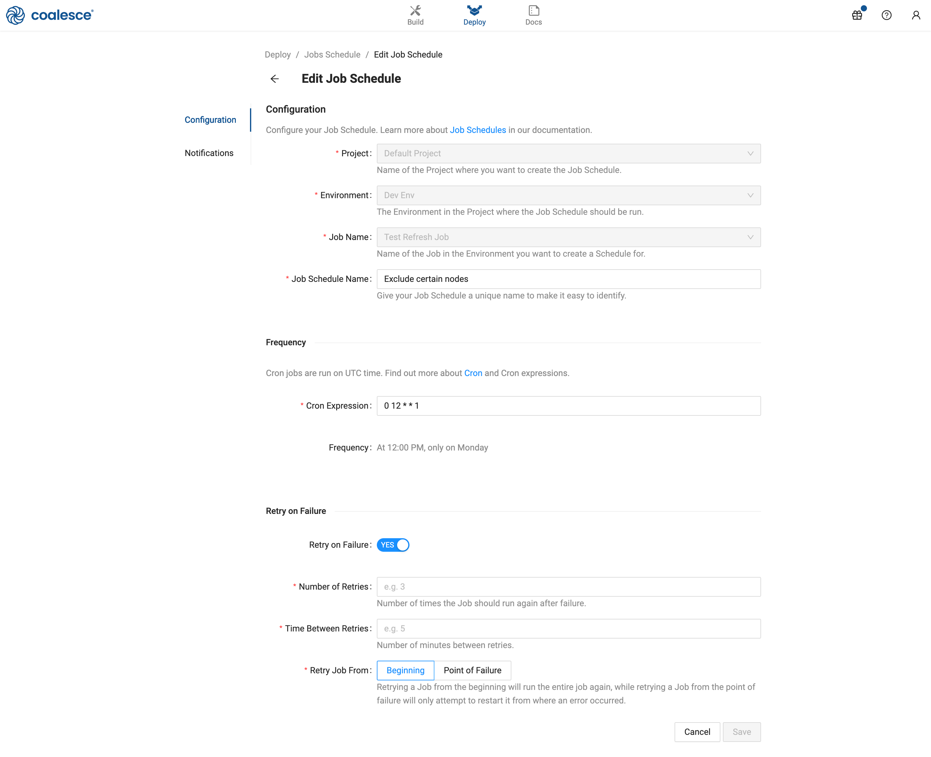 This image shows a web interface for editing a job schedule in the Coalesce platform. The interface includes various configuration options such as project, environment, job name, schedule frequency, and retry settings for managing automated jobs.