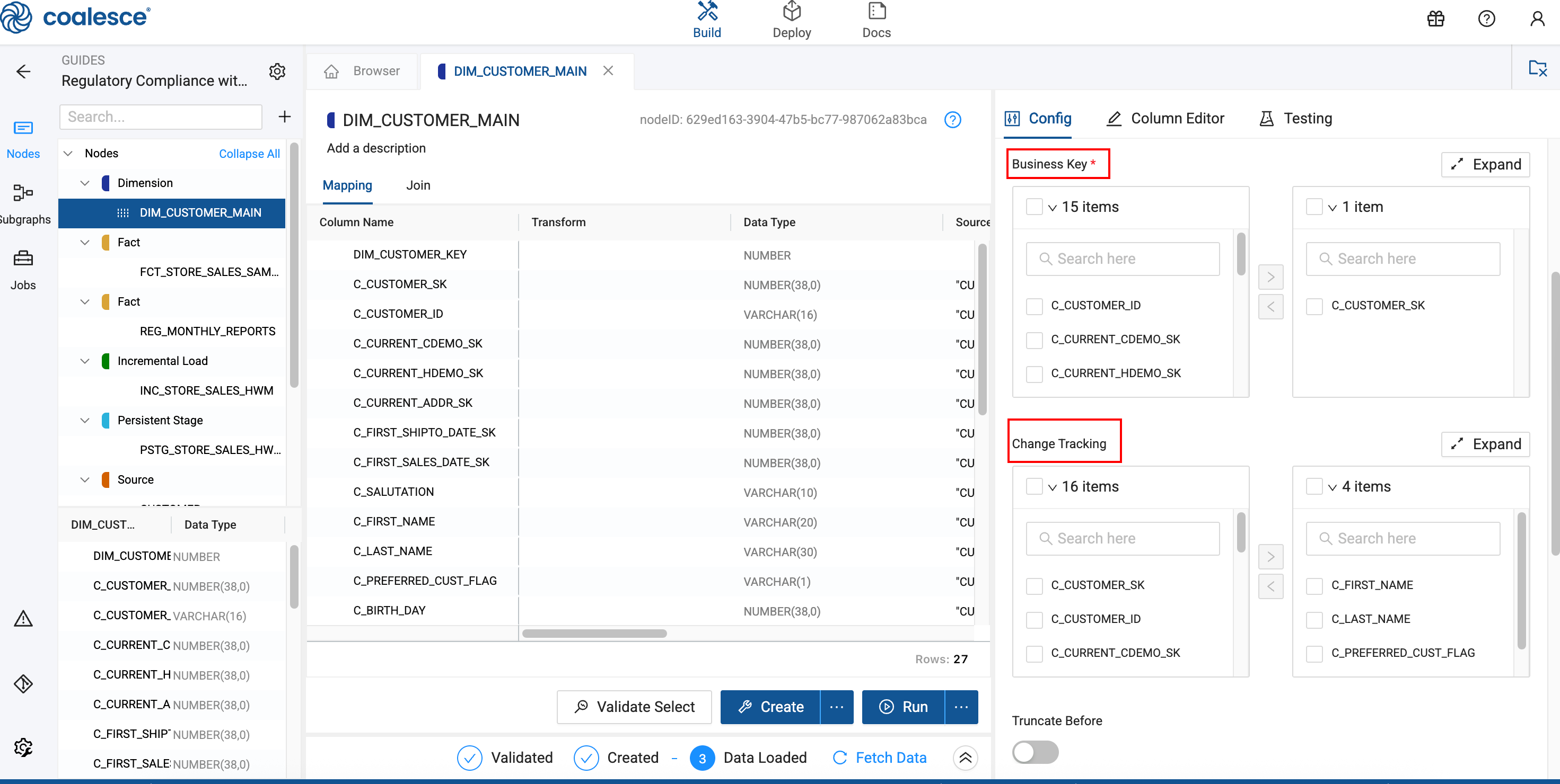 This shows the DIM_CUSTOMER_MAIN dimension configuration with expanded Business Key and Change Tracking panels on the right. Both sections display searchable lists of customer columns like C_CUSTOMER_ID, C_CUSTOMER_SK, and other customer attributes for configuration selection.