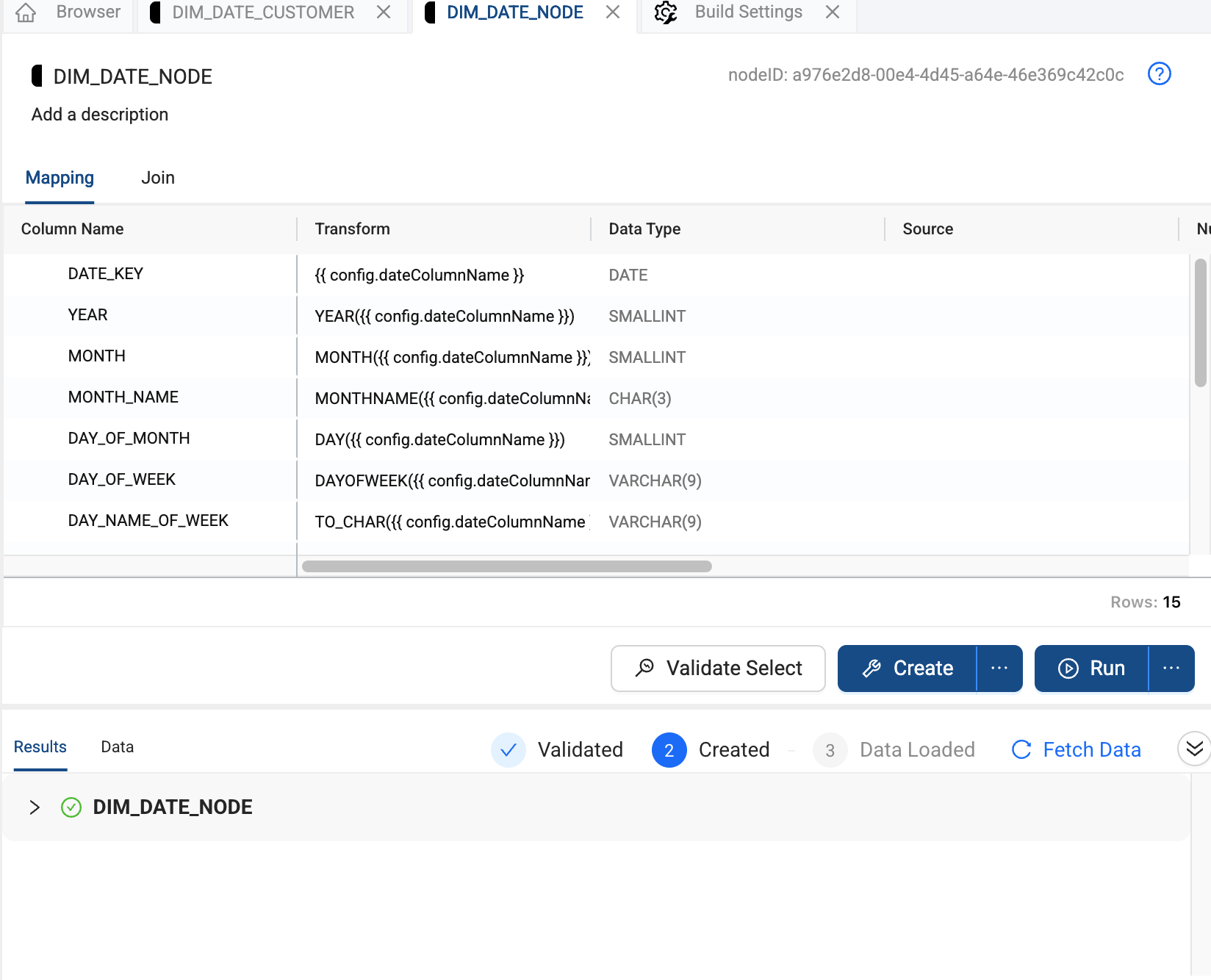 Screenshot of Coalesce showing a DIM_DATE_NODE configuration with various date-related columns and their transformations, and a results panel below indicating successful validation, creation, and data loading steps.