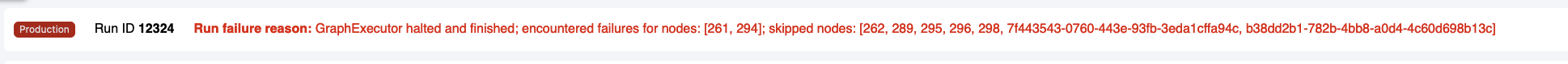 The image shows a failure message in a production environment with a specific `Run ID` of `12324`. The `Run failure reason` indicates that the `GraphExecutor` halted and finished due to encountering failures for nodes `[261, 294]`, and several other nodes `[262, 289, 295, 296, 298, 7f443543-0760-443e-93fb-3eda1cffa94c, b38dd2b1-782b-4bb8-a0d4-4c60d698b13c]` were skipped as a result.