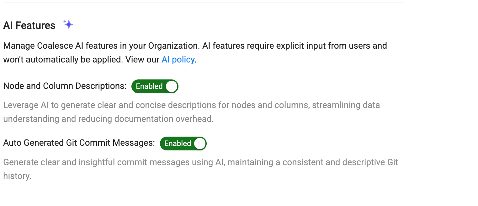 Coalesce AI Features settings page showing two enabled features: Node and Column Descriptions and Auto Generated Git Commit Messages. The interface displays toggle switches for each feature with explanatory text about how AI helps generate concise documentation and commit messages.