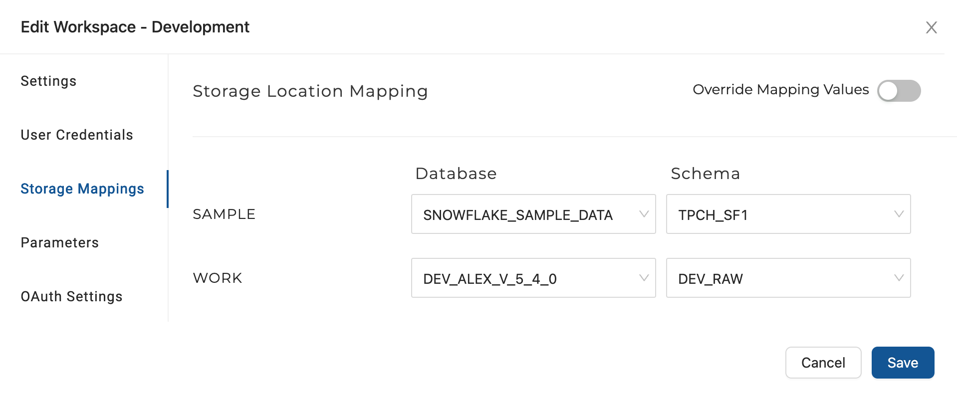 A screenshot of a modal window titled 'Edit Workspace - Development'. It contains 3 sections: Settings, Storage Location Mapping, and Parameters. In the Storage Location Mapping section, there are 3 fields: Database, Schema, and Override Mapping Values. In the Parameters section, there are 2 fields: WORK and DEV_ALEX_V_5_4_0.