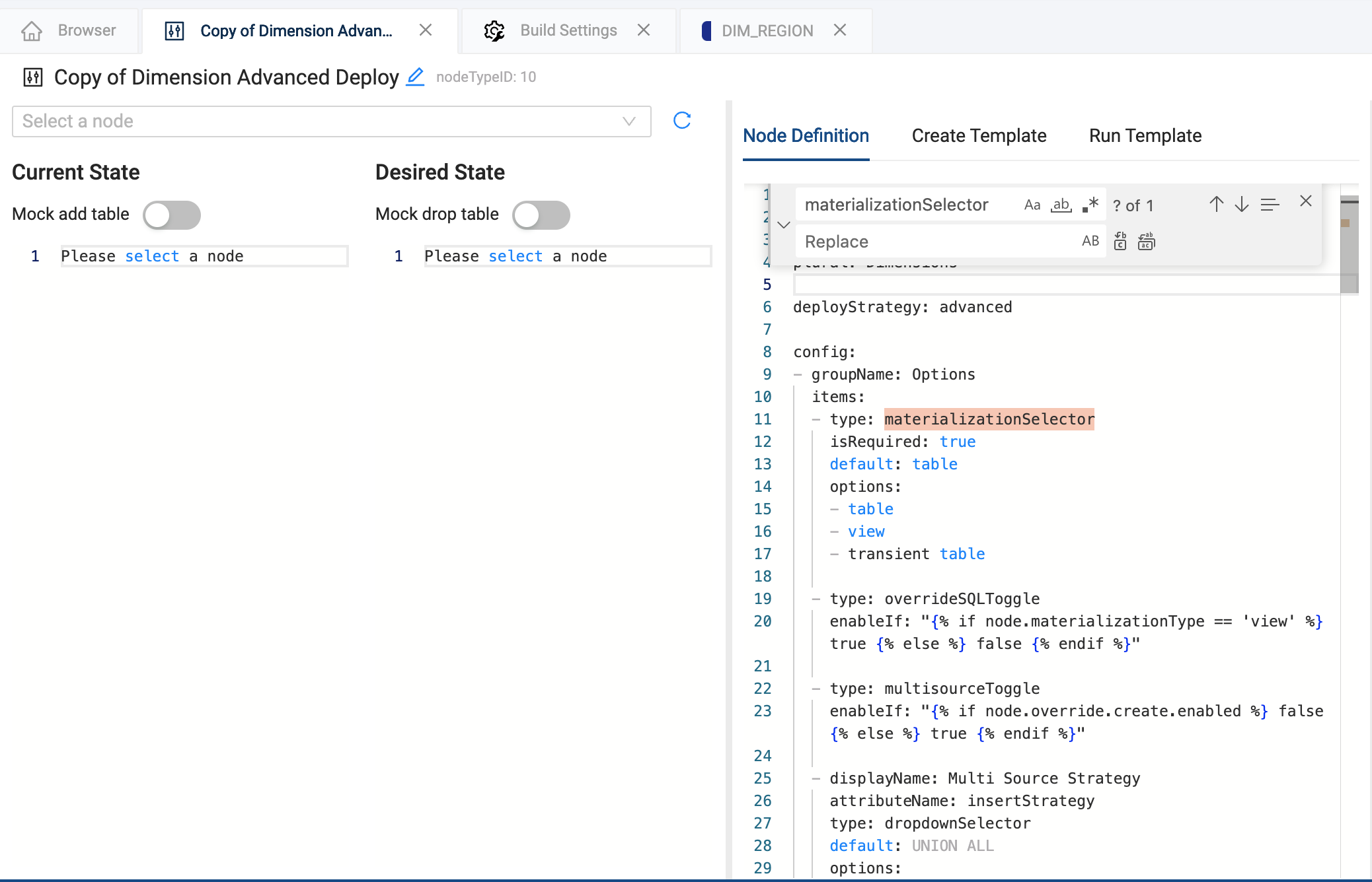 The image shows a user interface for Coalesce, featuring sections for configuring deployment options, including materialization types and strategies. It displays a central code editor with YAML-like configuration settings for advanced deployment setup.