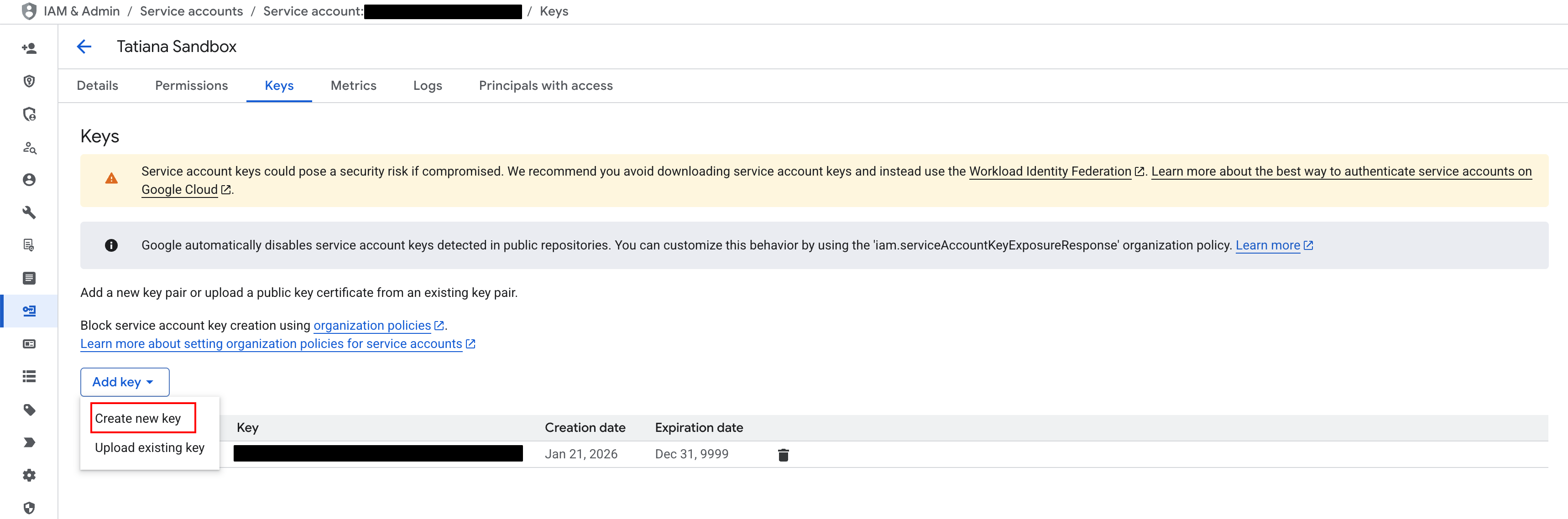 Google Cloud Console Service account Keys page showing the Add key menu expanded, with the Create new key option highlighted for generating a new service account key.