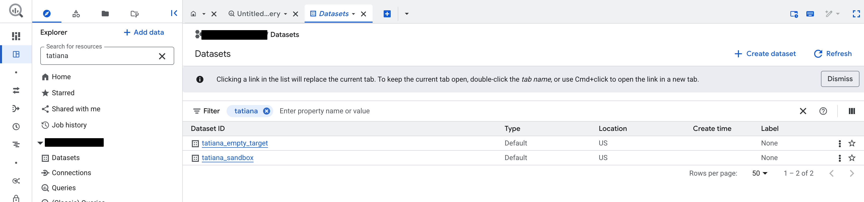Google BigQuery console showing the Datasets page filtered by search term, with two datasets listed