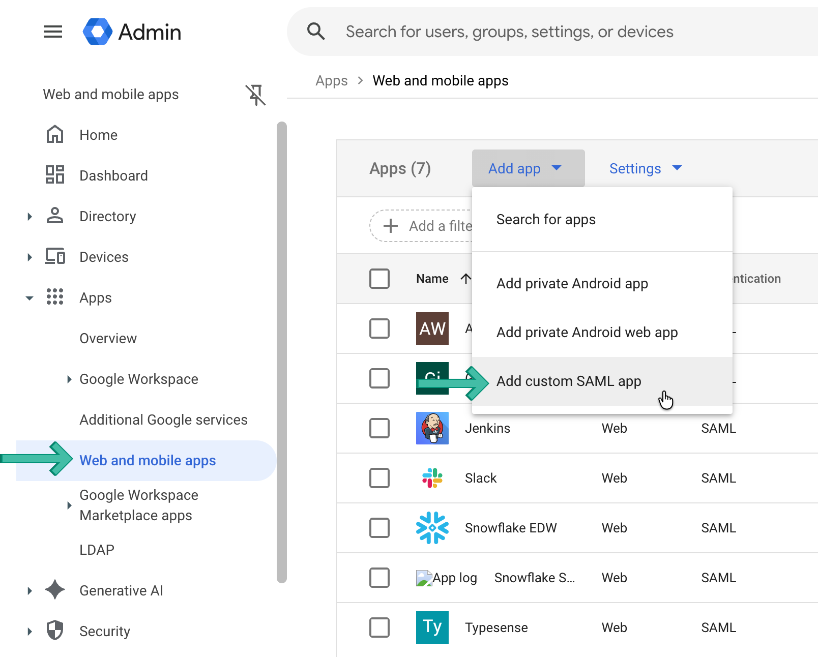 Google Workspace Admin console showing the Apps > Web and mobile apps page with the Add app menu open and “Add custom SAML app” selected.