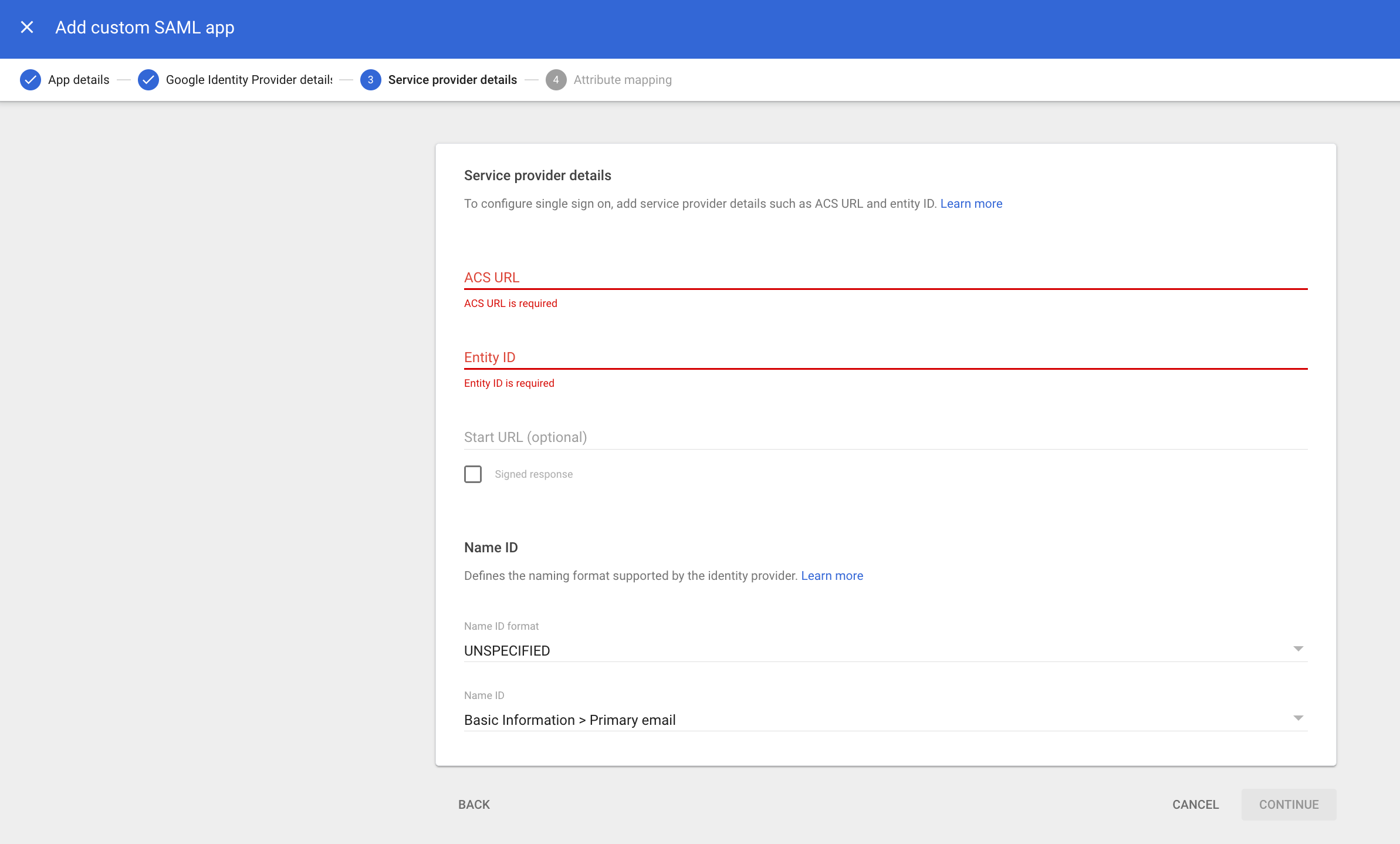 Google Workspace SAML app Service provider details form with ACS URL, Entity ID, Start URL, Signed response checkbox, and Name ID settings.