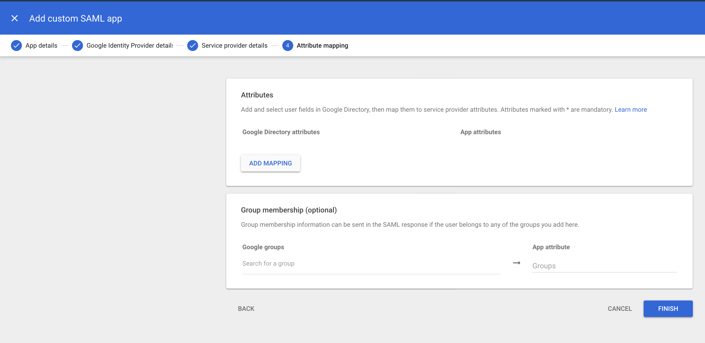 Google Workspace SAML app Attribute mapping step with Attributes section and optional Group membership mapping.