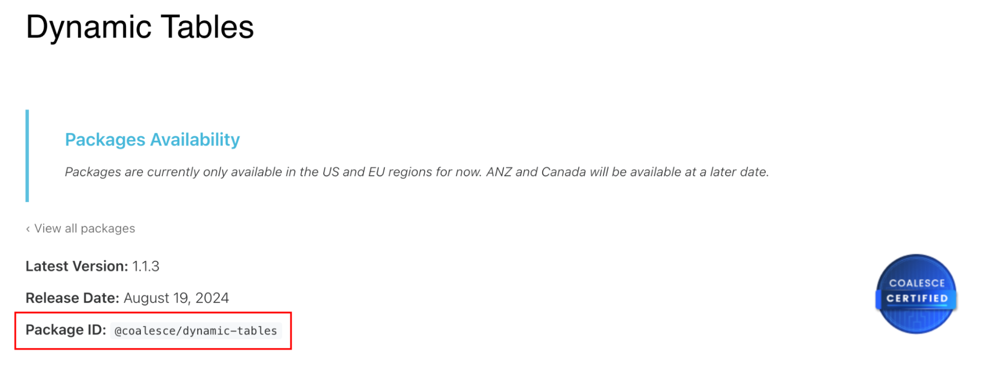 The image shows the Dynamic Tables package information. It highlights the latest version 1.1.3, released on August 19, 2024, and states that packages are currently available in the US and EU regions, with ANZ and Canada coming at a later date. The package ID is coalesce/dynamic-tables.