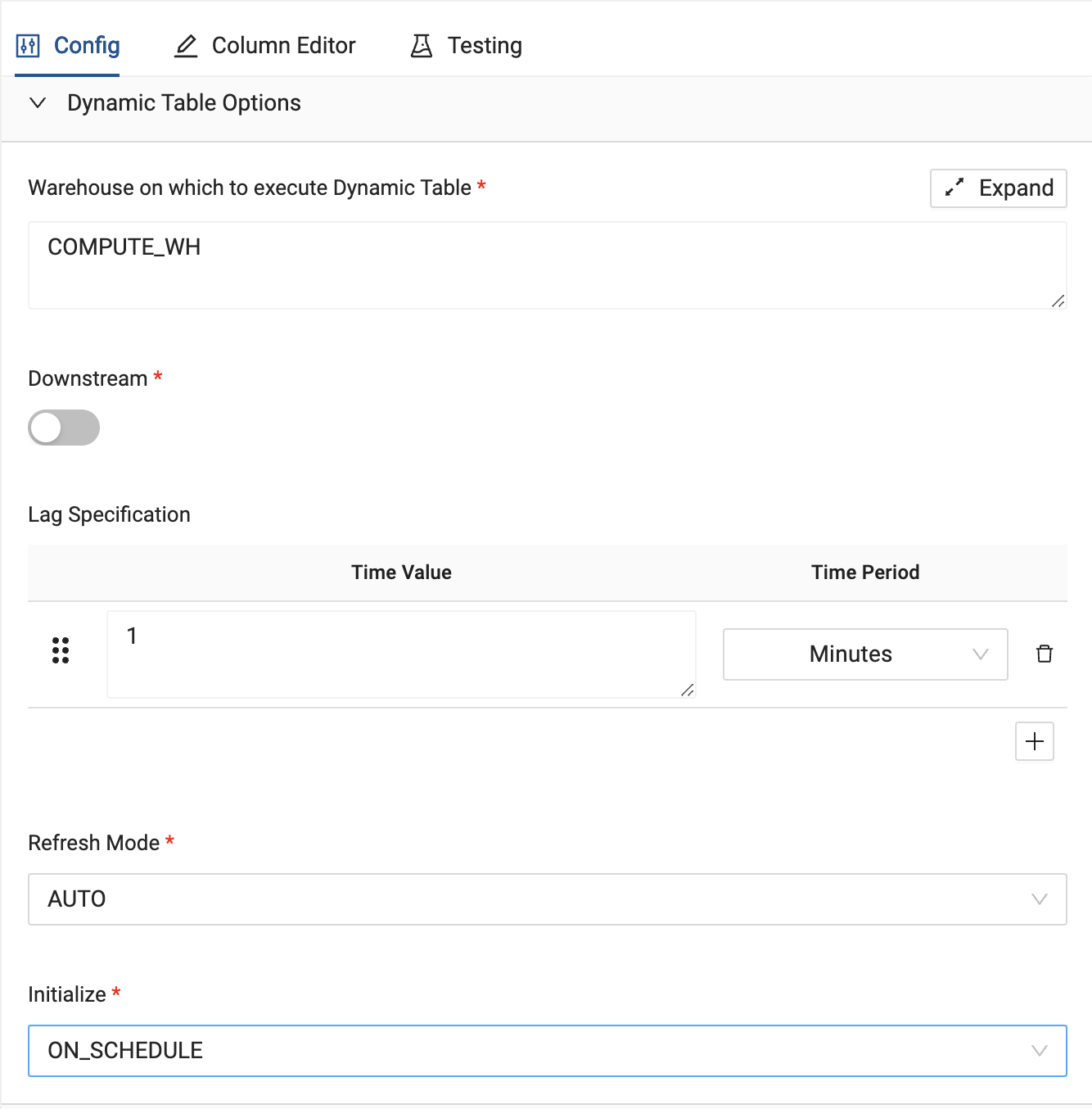 The image shows the configuration settings for a Dynamic Table in Coalesce. The warehouse selected for execution is COMPUTE_WH. Downstream is disabled, with a lag specification set to 1 minute. The refresh mode is set to auto, and the initialization option is set to ON_SCHEDULE.