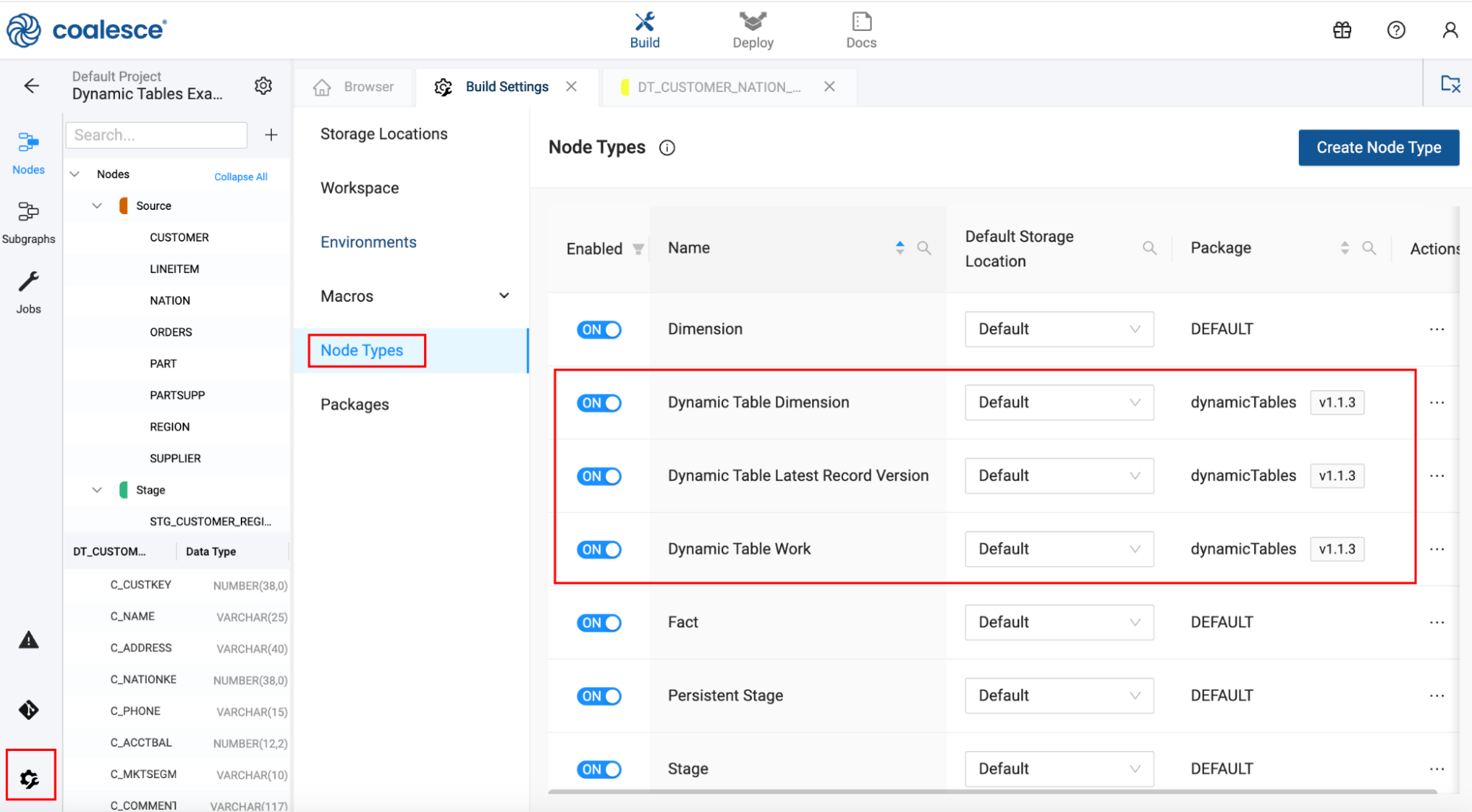 The image shows the Node Types section in the Coalesce build settings for the Dynamic Tables Example project. Three node types related to dynamic tables are enabled: Dynamic Table Dimension, Dynamic Table Latest Record Version, and Dynamic Table Work. Each is associated with the dynamicTables package version 1.1.3, with the default storage location set to Default.