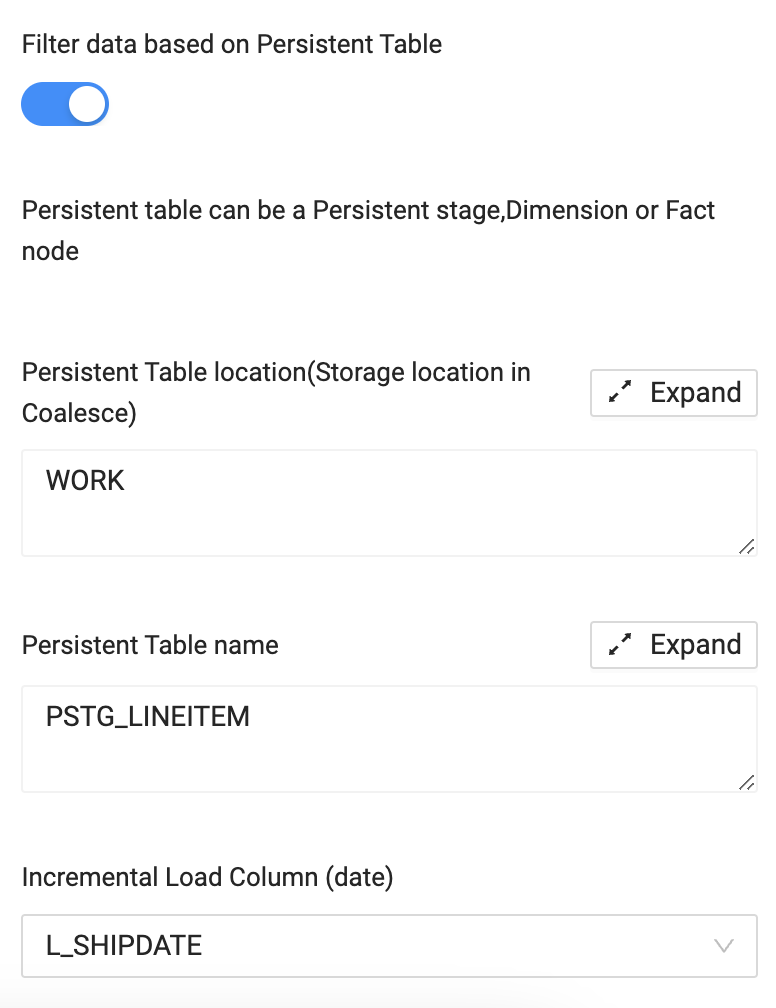 This image displays a configuration interface for filtering data based on a Persistent Table in Coalesce. It shows a toggle switch to enable or disable the filter, along with an explanation that a Persistent table can be a Persistent stage, Dimension, or Fact node. The interface includes fields for the Persistent Table location (set to WORK) and name (PSTG_LINEITEM). An Incremental Load Column field is also present, with L_SHIPDATE selected as the date column. Some fields have Expand buttons, indicating additional options or details are available.