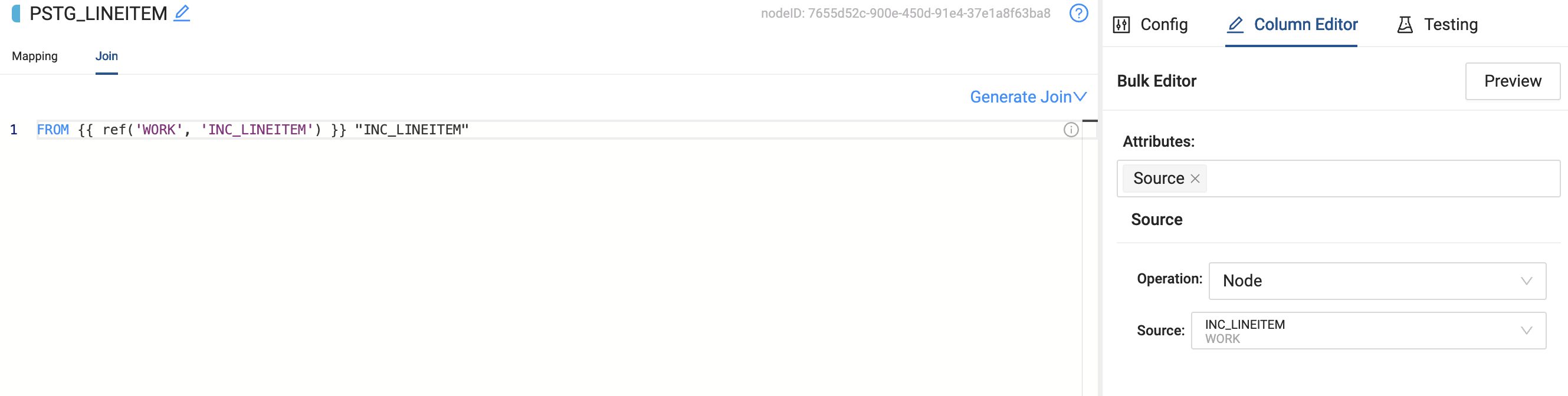 This image shows the Coalesce interface for the PSTG_LINEITEM node. The main section displays a SQL-like query that references the INC_LINEITEM table from the WORK schema. On the right side, there's a Bulk Editor panel showing the node's attributes, with the Source set to INC_LINEITEM in the WORK schema, and the Operation set to Node. The interface includes tabs for Config, Column Editor, and Testing, as well as options for Mapping and Join. There's also a Generate Join button visible, indicating the ability to create join conditions automatically.