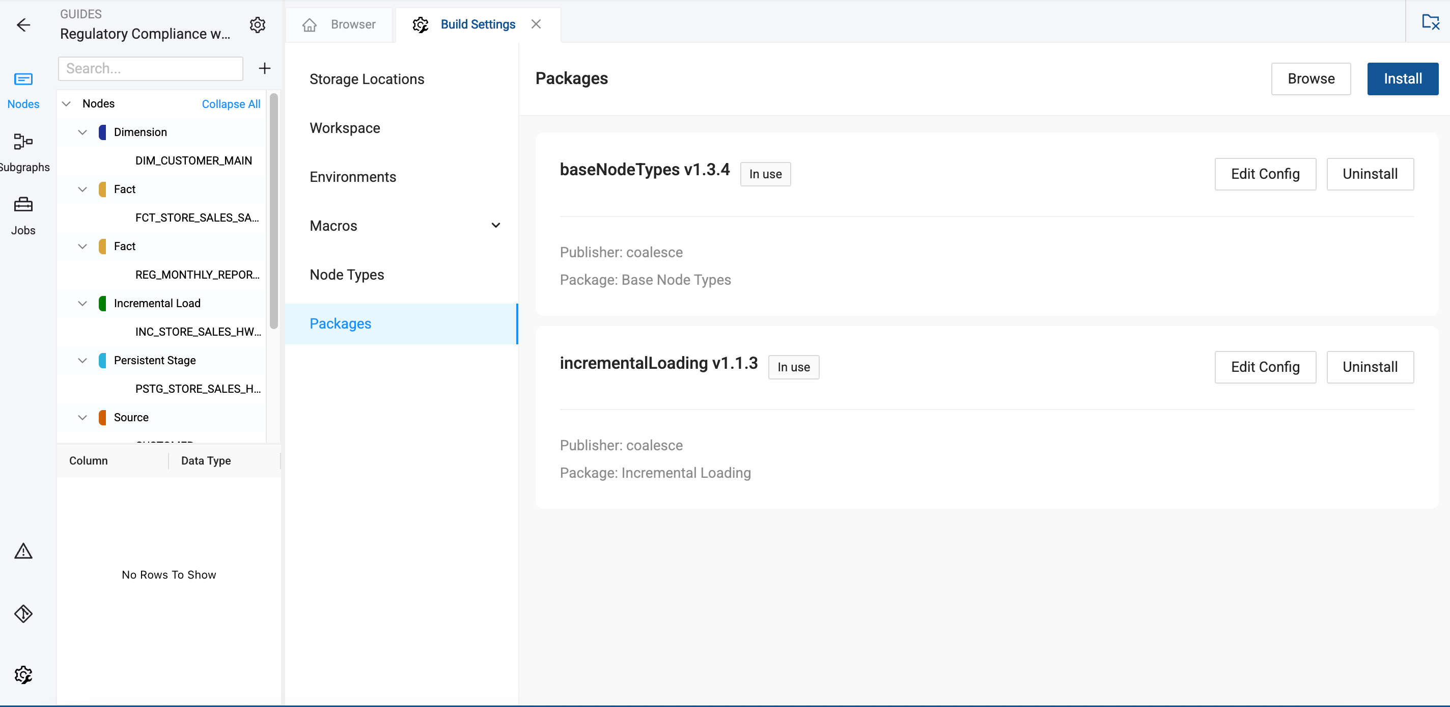 This shows a data management interface with a left panel displaying different Node types (Dimension, Fact, Incremental Load, etc.) and their associated tables. The right panel shows installed packages: baseNodeTypes v1.3.4 and incrementalLoading v1.1.3, both published by coalesce and currently in use.