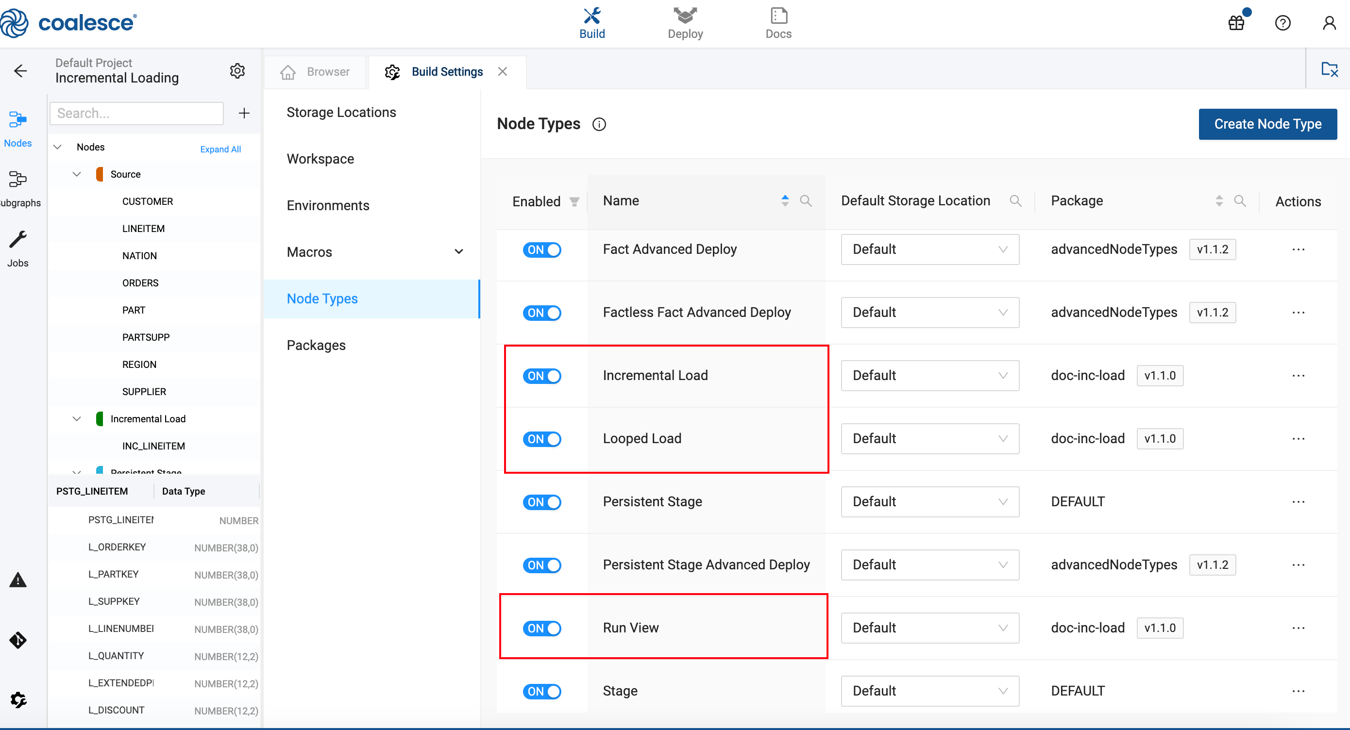 This image shows the Coalesce interface, focusing on the Build Settings tab. The main section displays a list of Node Types, including Incremental Load, Looped Load, and Run View, which are highlighted. These node types are part of the doc-inc-load package version 1.1.0. The left sidebar shows a project structure with various nodes, and the top of the interface includes options for Build, Deploy, and Docs.