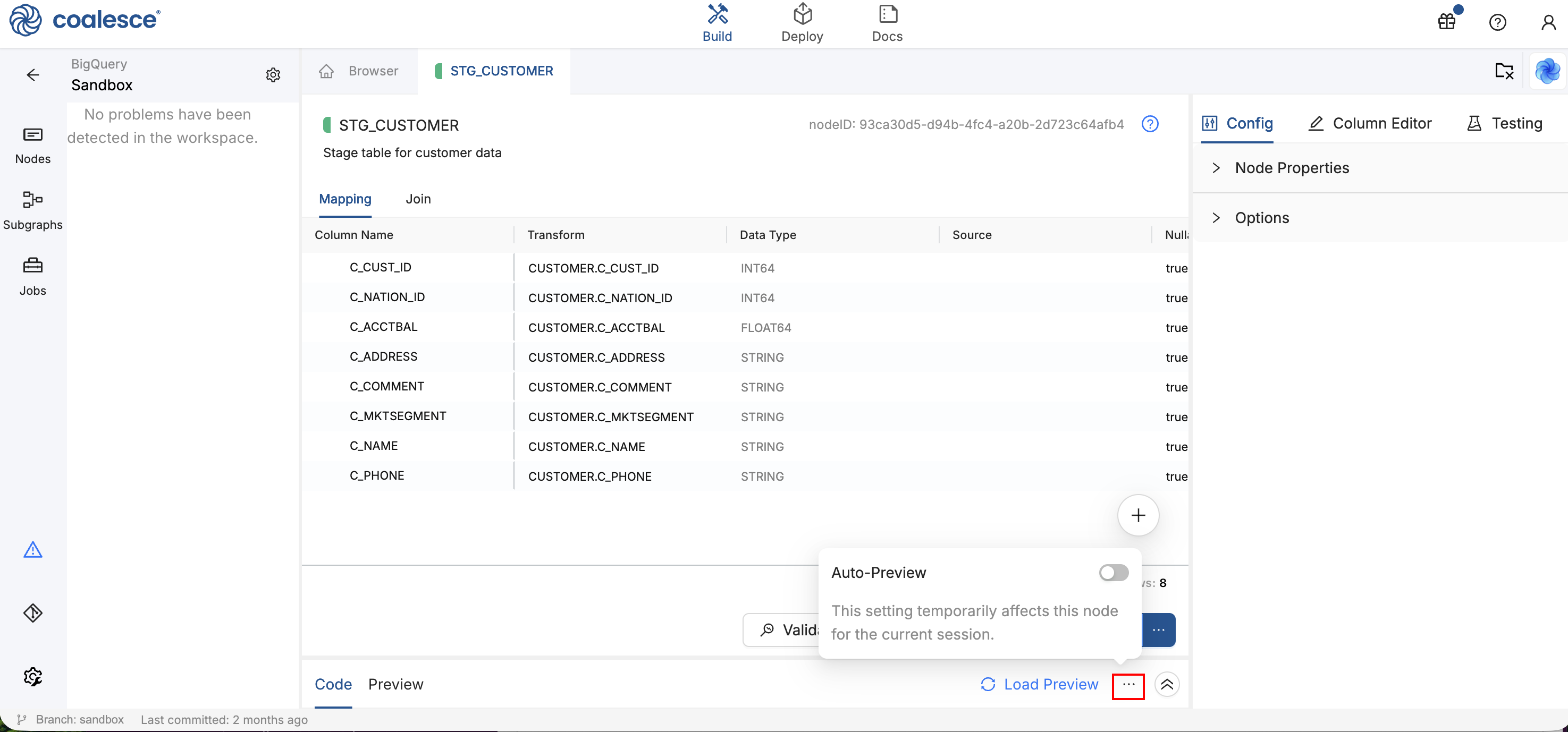 Data Viewer status bar with the Auto-Preview popover open, showing the toggle for session-only node-level override