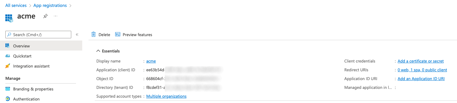 Example Azure App Registration Overview