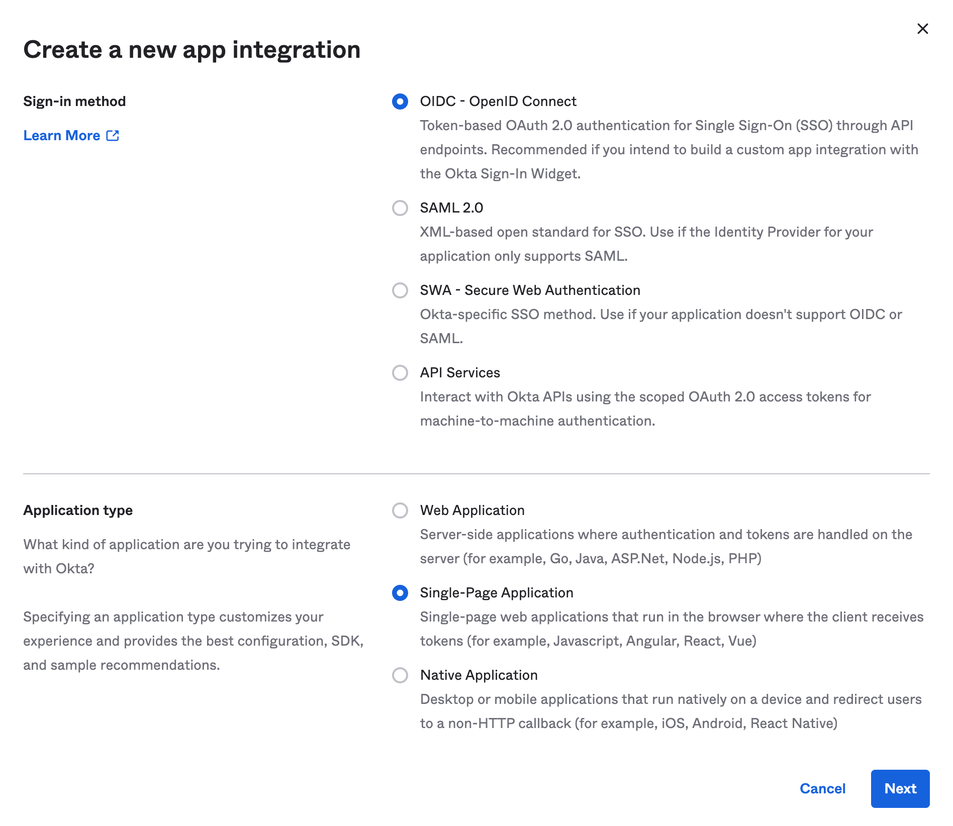 Configuring a new App Integration in Okta