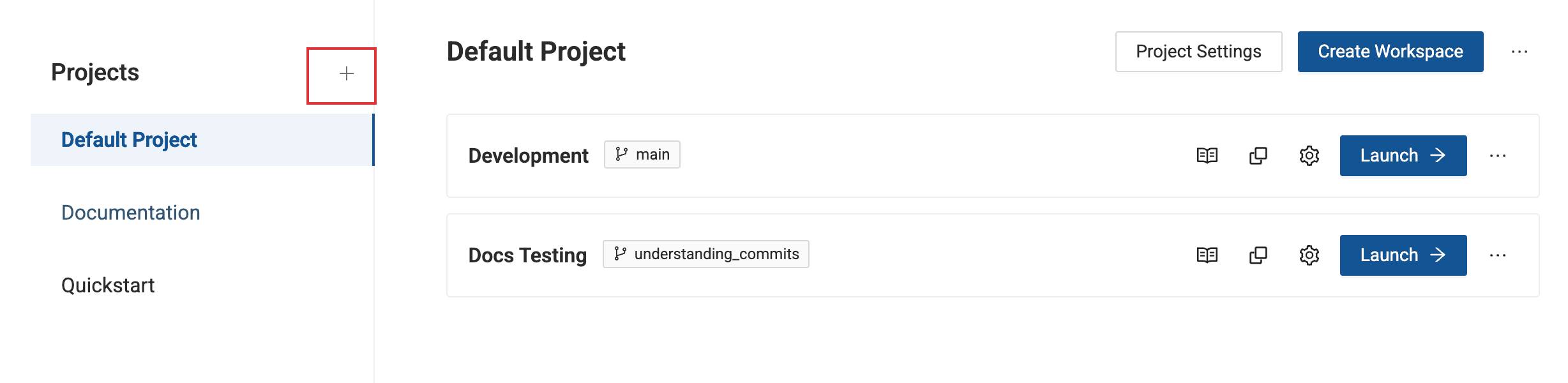 Projects interface showing 'Default Project' with two workspaces: Development (branch: main) and Docs Testing (branch: understanding_commits). Each workspace has Launch button and settings icons. Top navigation includes Project Settings and Create Workspace options.