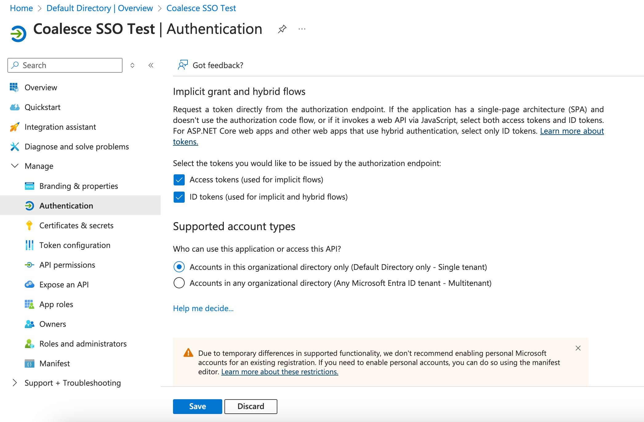 The image shows the Azure portal's authentication settings for a Coalesce SSO test application, displaying implicit grant and hybrid flow configurations with options for access and ID tokens. It also specifies supported account types, with a warning about enabling personal Microsoft accounts for existing registrations.