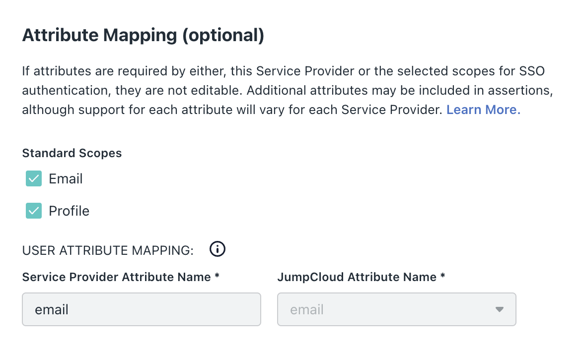 The image shows JumpCloud SSO settings, specifically the email and profile mapping