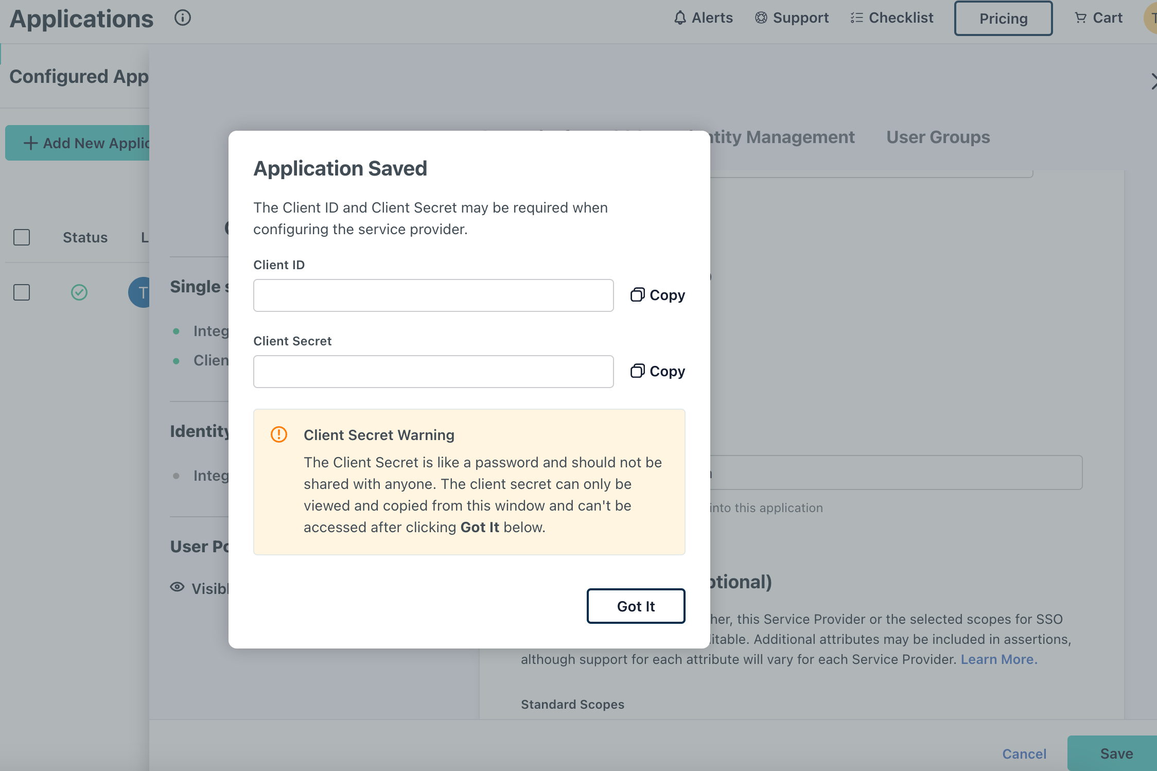 Image showing JumpCloud SSO Client ID and Secret.