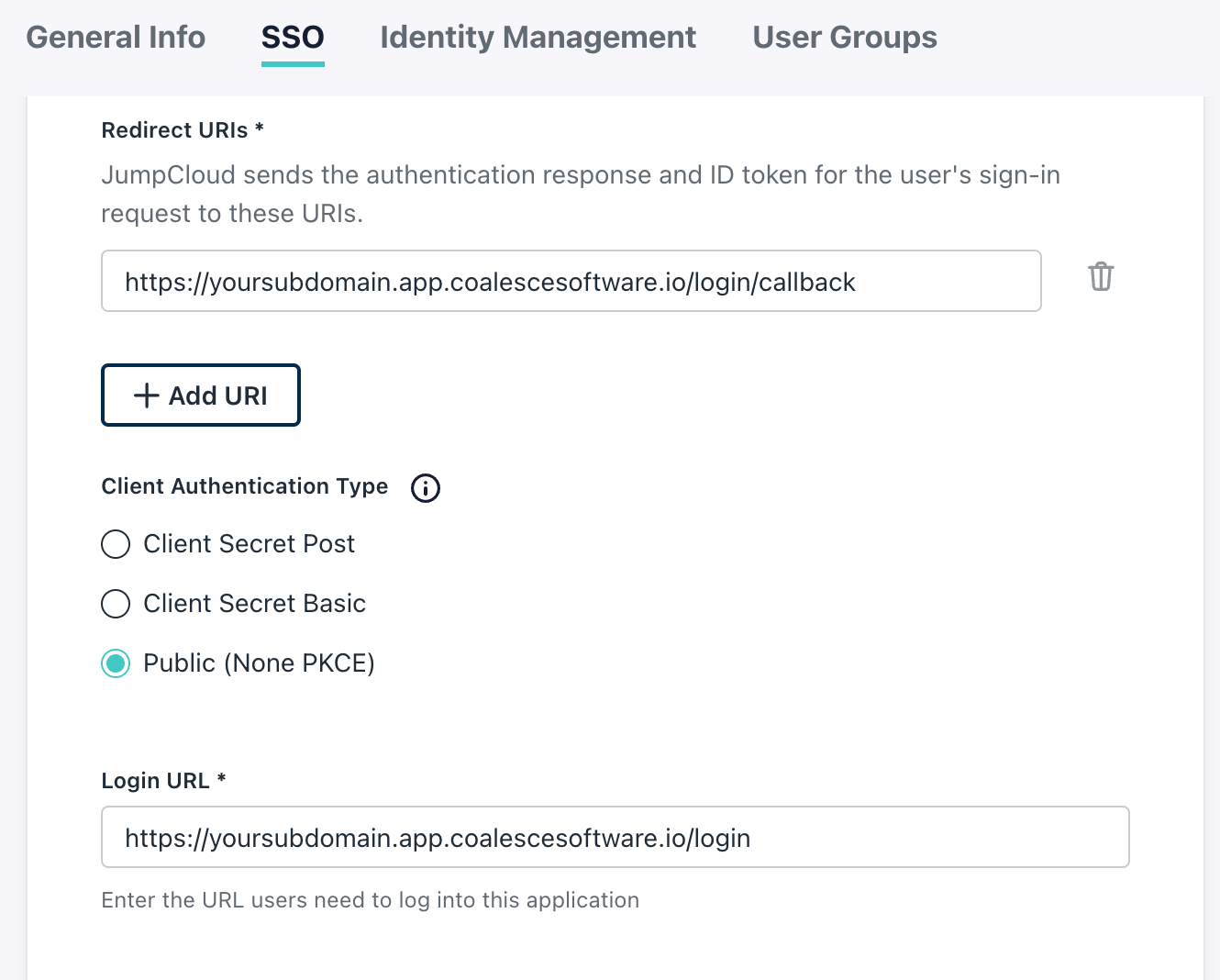 The image shows the JumpCloud interface for configuring SSO settings during application integration. It displays a Redirect URI field with a URL provided, a Client Authentication Type set to Public (None PKCE), and a Login URL field where users are required to enter the URL needed for users to log into the application.