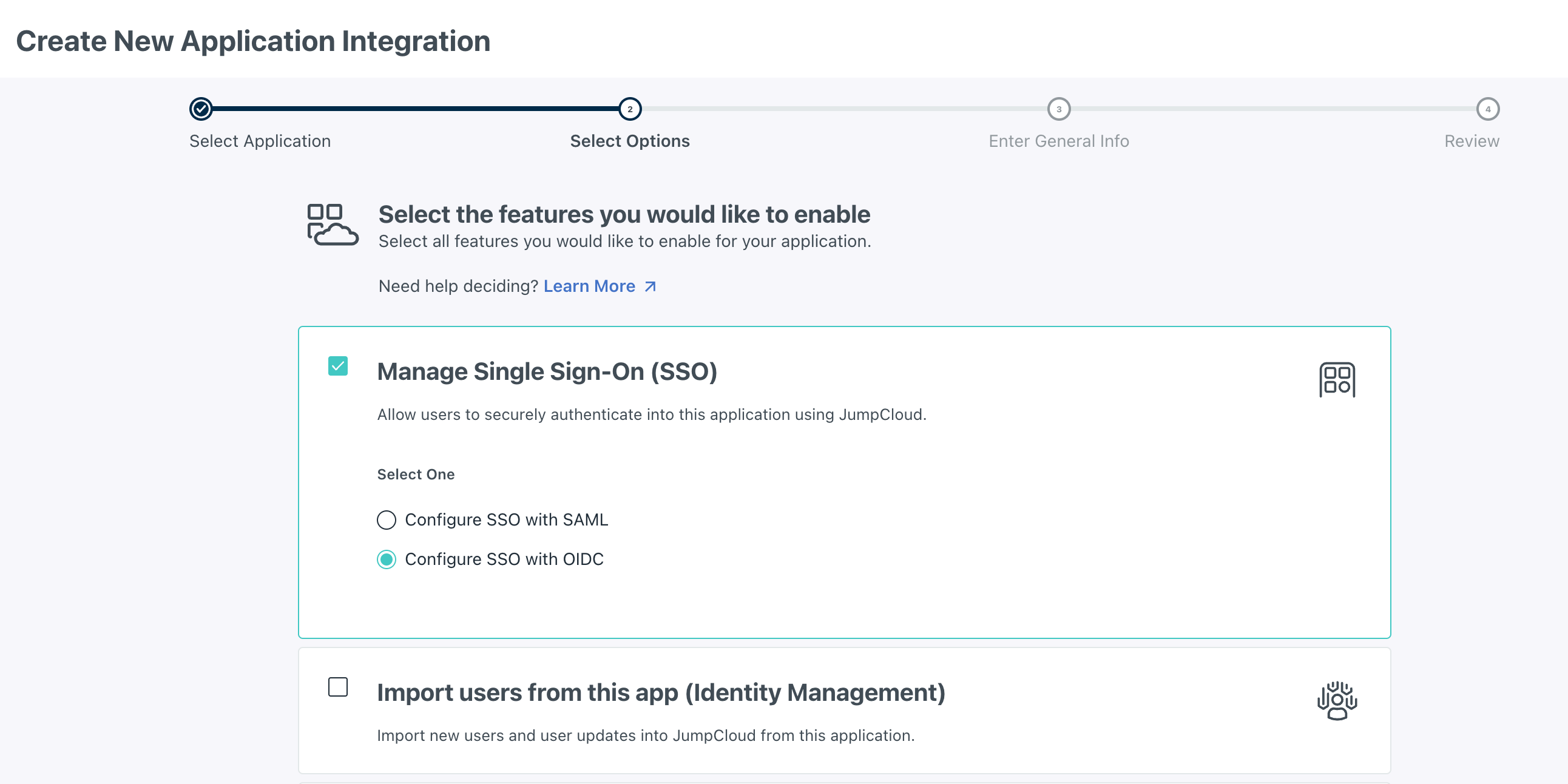 The image shows the JumpCloud interface for creating a new application integration, where the Manage Single Sign-On (SSO) feature is selected. The user has chosen to configure SSO with OIDC, while the Import users from this app (Identity Management) option is not selected.