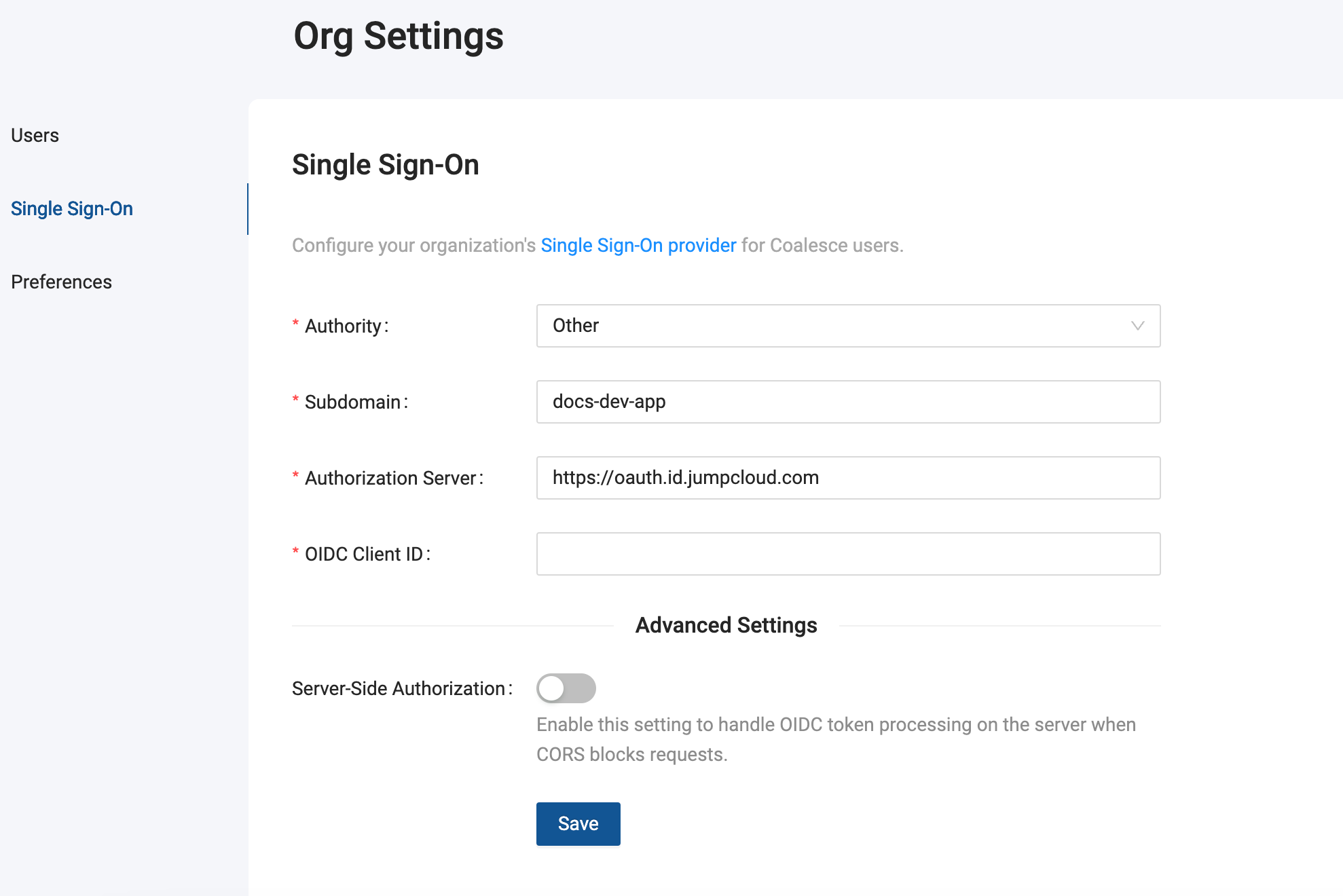 The image shows the Org Settings page in Coalesce's interface, specifically the Single Sign-On configuration section. It includes fields for Authority, Subdomain, Authorization Server, and OIDC Client ID, along with an option to enable Server-Side Authorization.