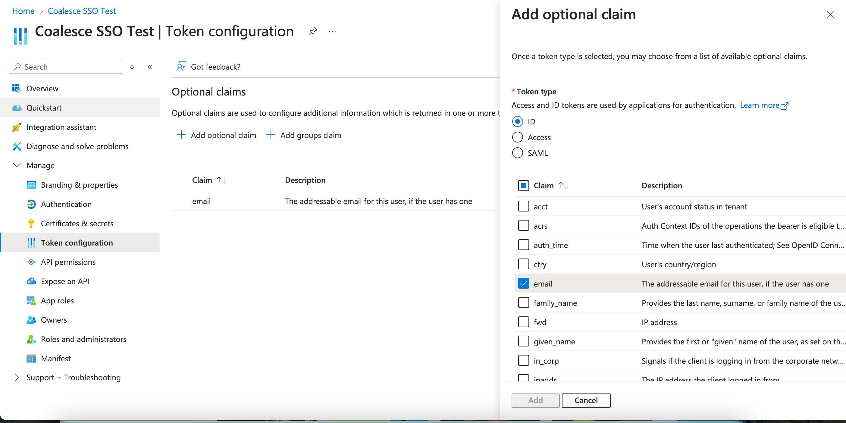 The image shows the token configuration settings for the Coalesce SSO Test application in Azure, displaying optional claims with the email claim added for ID tokens. The Add optional claim panel lists available claims with descriptions, allowing customization of token attributes.