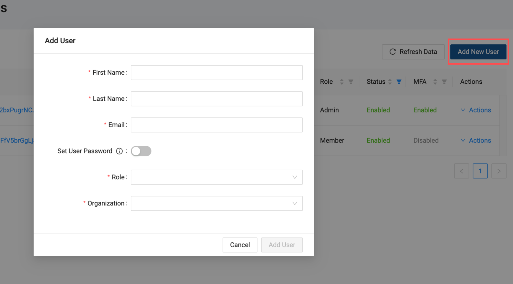 This image shows a modal window for adding a new user in an application. The form requires the user to input the first name, last name, email, role, and organization, with an optional toggle to set a user password, and the Add New User button is highlighted in the background.