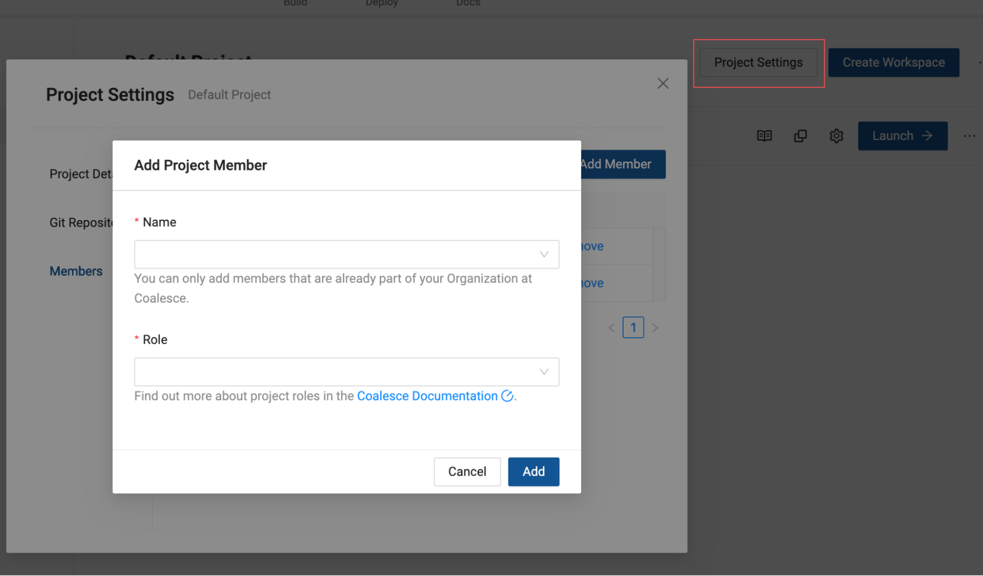 This image shows a modal window for adding a project member within the project settings of an application. The form requires the user to select the name and role of the member being added, with a note that only members already part of the organization can be added, and the Add Member button is highlighted in the background.