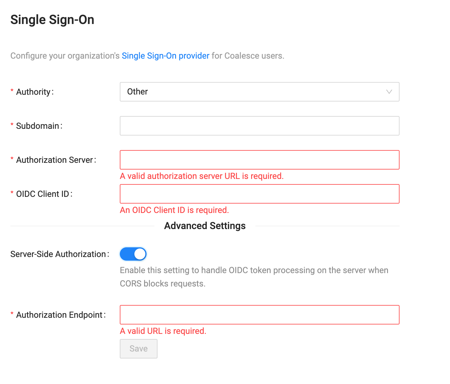 Single Sign-On configuration form with fields for Authority, Subdomain, Authorization Server, OIDC Client ID, and Server-Side Authorization toggle under Advanced Settings