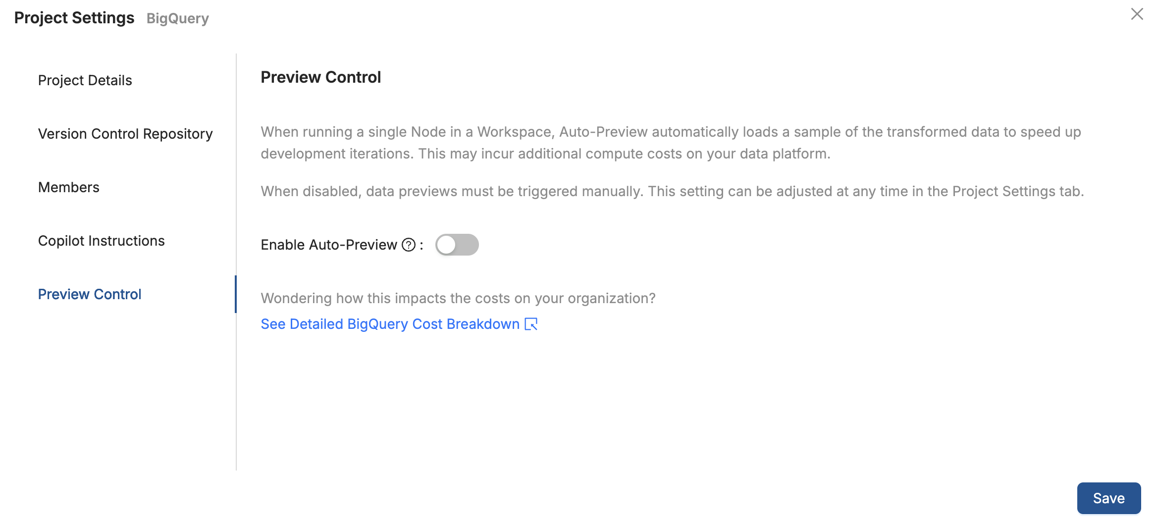 Project Settings Preview Control tab showing the Enable Auto-Preview toggle and description of how Auto-Preview affects compute costs