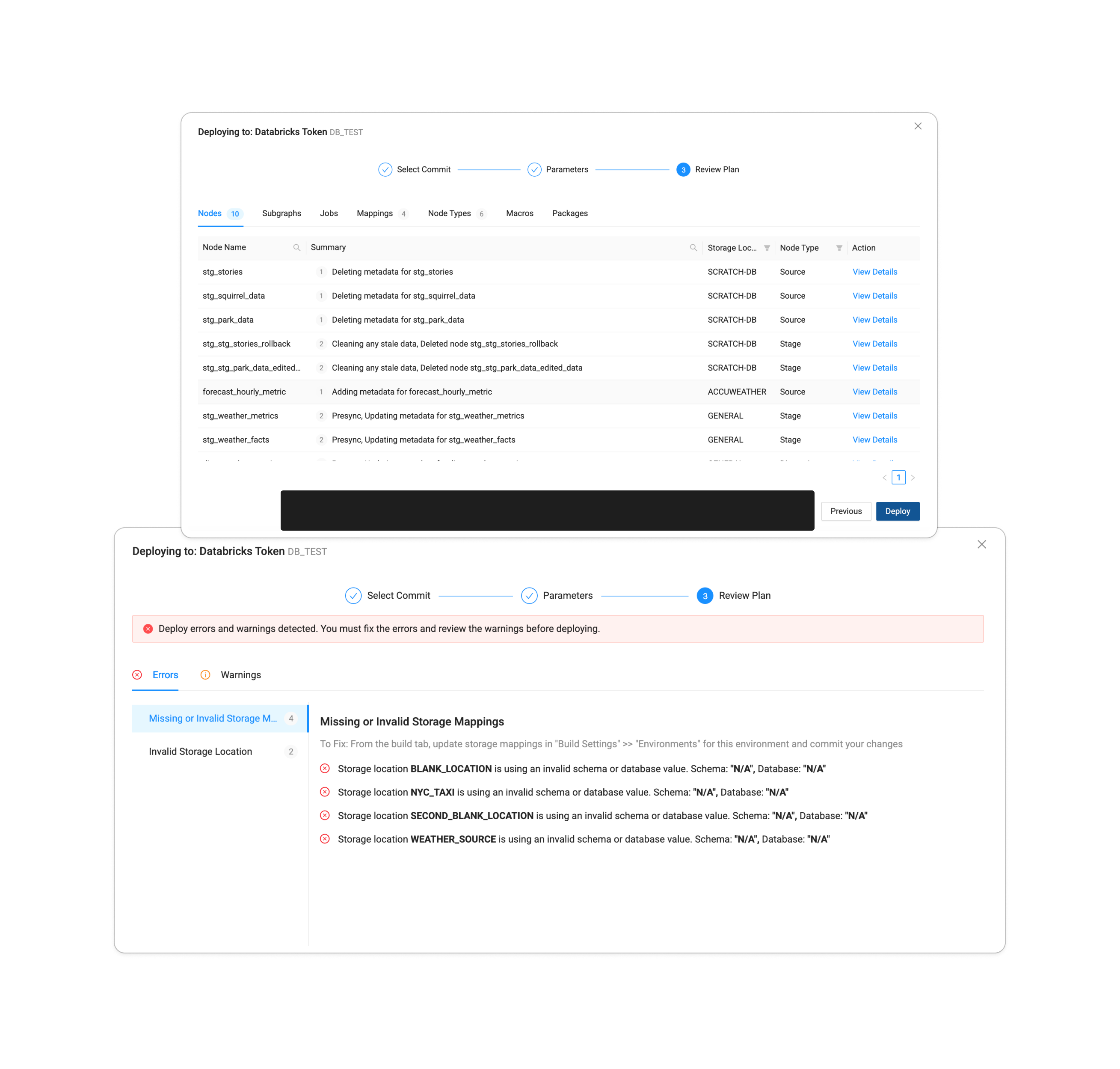 Modal dialog for deploying to Databricks Token DB_TEST showing step 3 Review Plan with tabs for Nodes, Subgraphs, Jobs, Mappings, Node Types, Macros, Packages, a table listing node names, summaries, storage locations, node types, and a View Details action, plus Previous and Deploy buttons; below it, an error state view with a banner reporting deploy errors and a pane listing missing or invalid storage mappings with instructions to fix them.