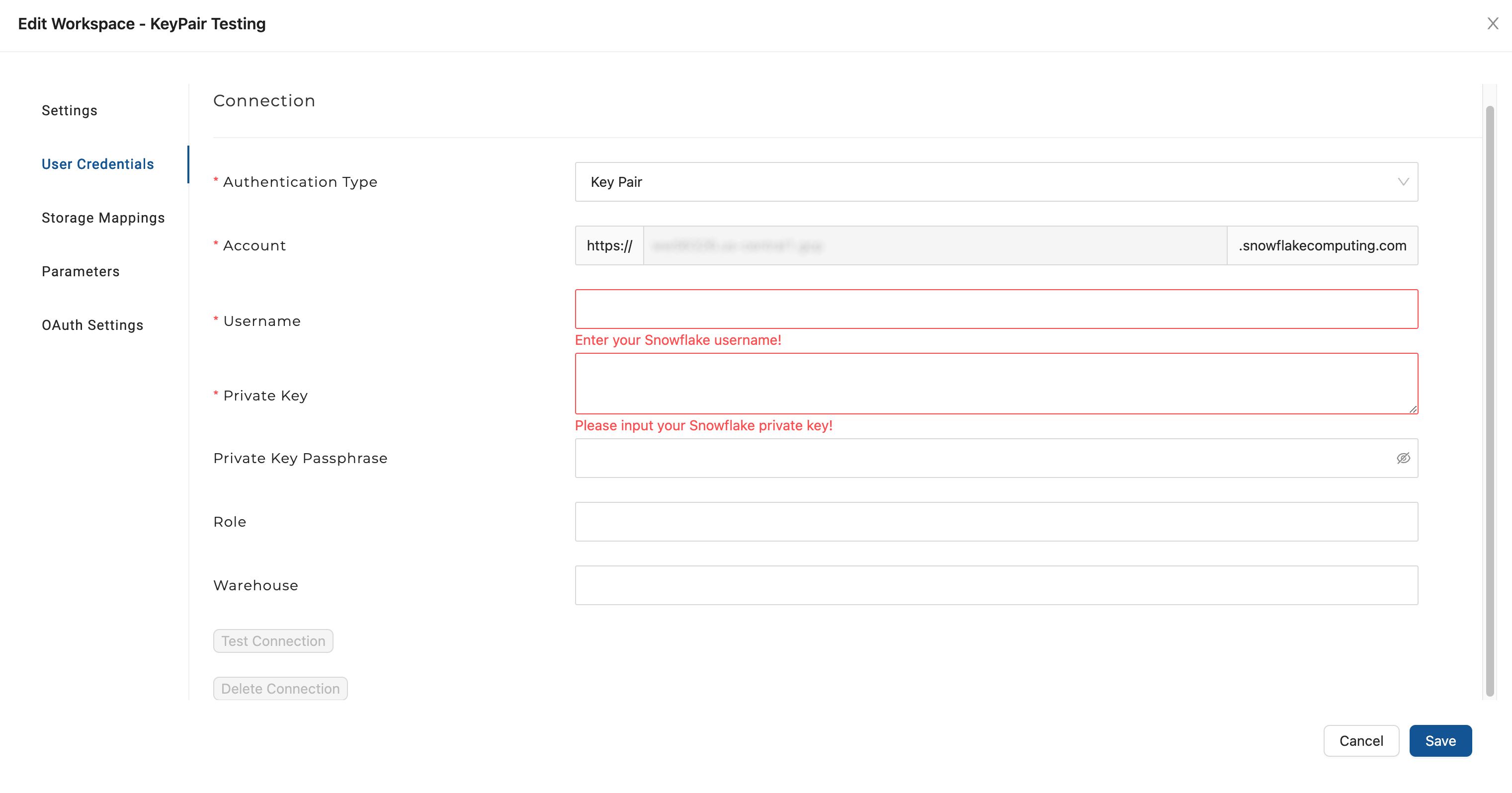 Coalesce Key Pair Configuration Screen