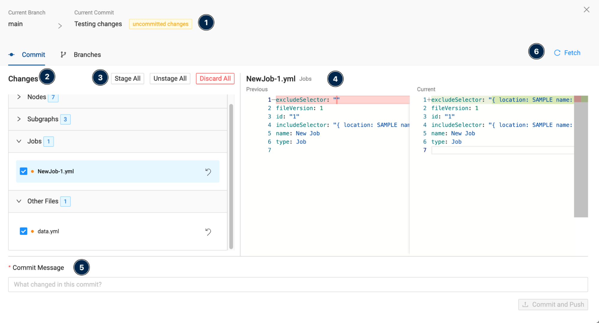 The image displays a snapshot of the GitLab web interface, with a user inspecting the alterations within a branch labeled main. A file named NewJob-1.yml is conspicuously new to the branch, accompanied by a commit message: What changed in this commit?