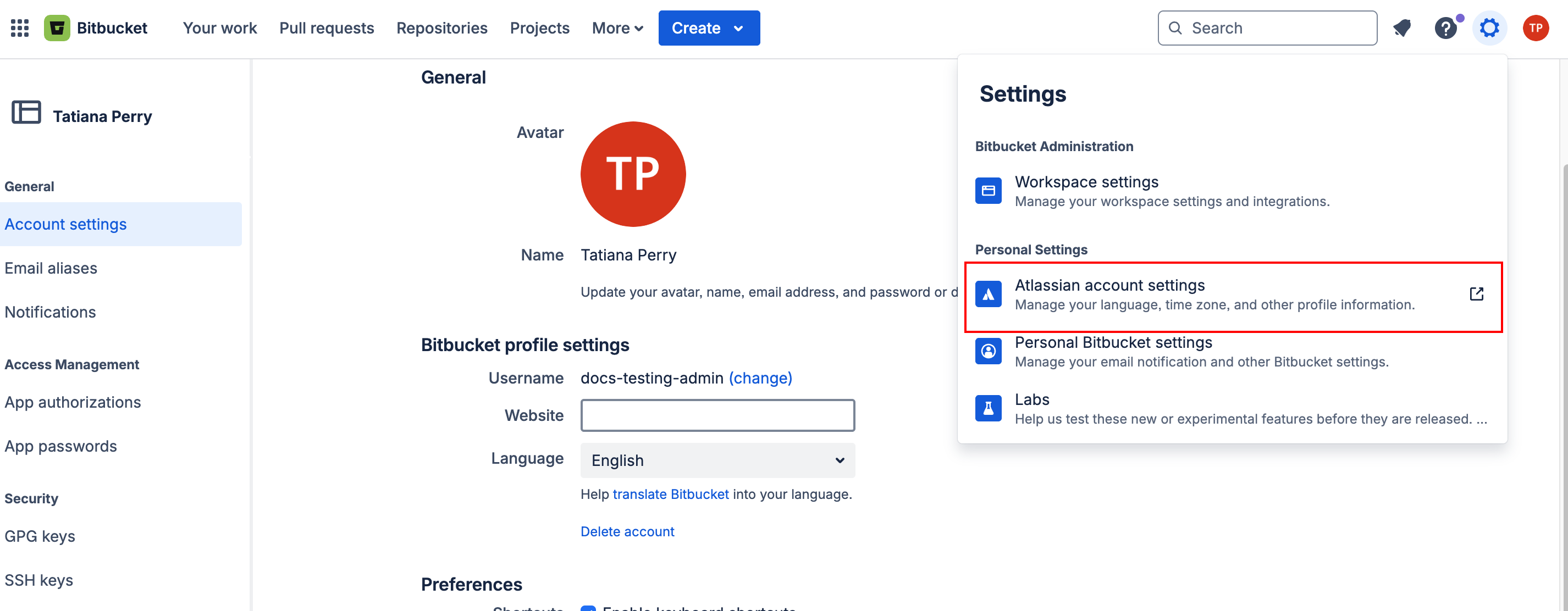 Bitbucket account settings page highlighting Atlassian account settings option under personal settings
