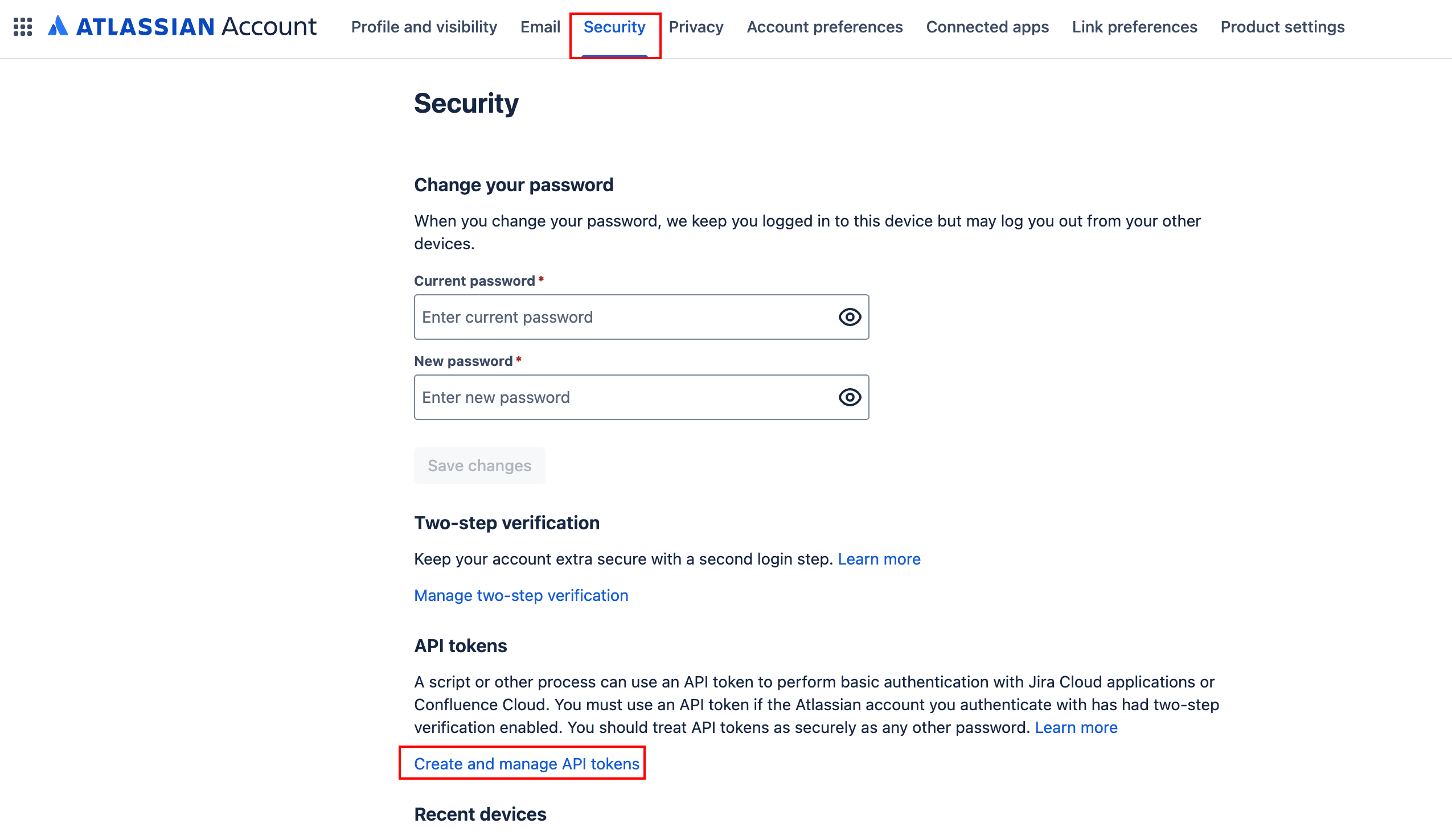 Atlassian account security settings page showing change password fields two step verification option and link to create and manage API tokens