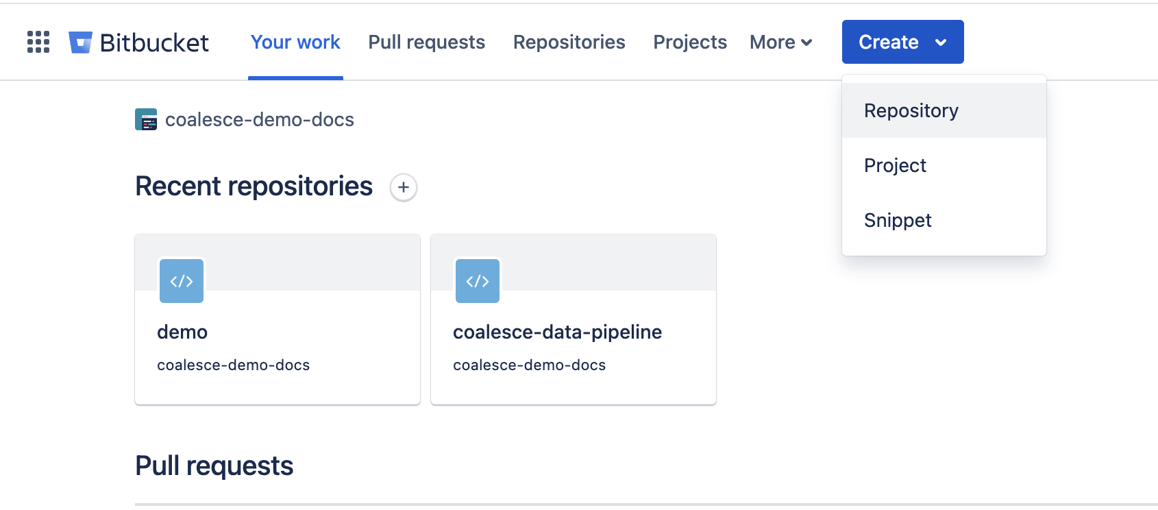 The image shows a Bitbucket dashboard interface with the "Your work" tab selected. The page displays "coalesce-demo-docs" at the top, followed by a "Recent repositories" section showing two repositories: "demo" and "coalesce-data-pipeline," both under the coalesce-demo-docs project. A "Pull requests" section appears at the bottom, and a dropdown menu from the "Create" button in the top-right corner shows options to create a Repository, Project, or Snippet.