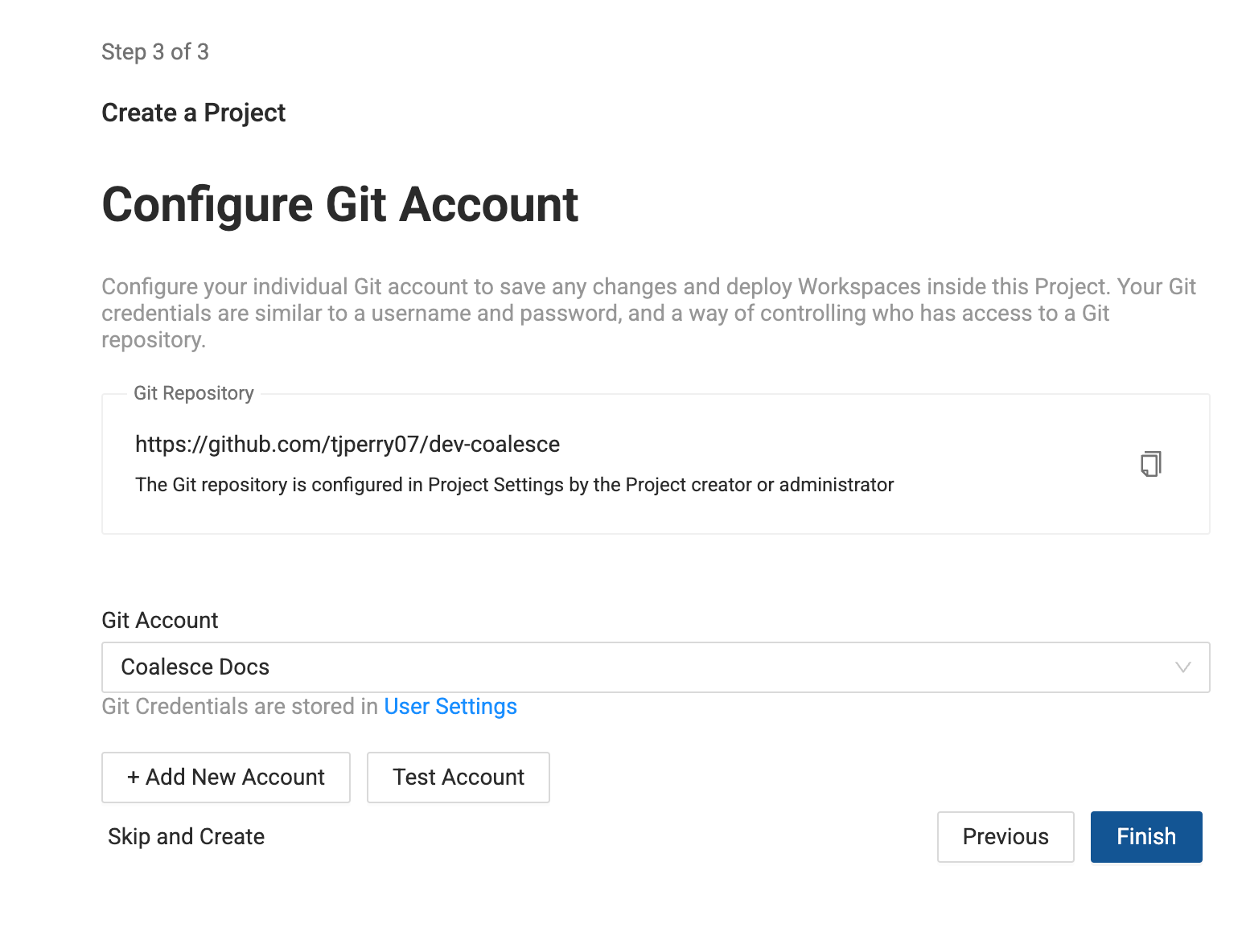 Git account configuration page (Step 3 of 3) showing repository URL, Git account dropdown set to 'Coalesce Docs', and options to add new account or test existing account. Includes Previous and Finish buttons.