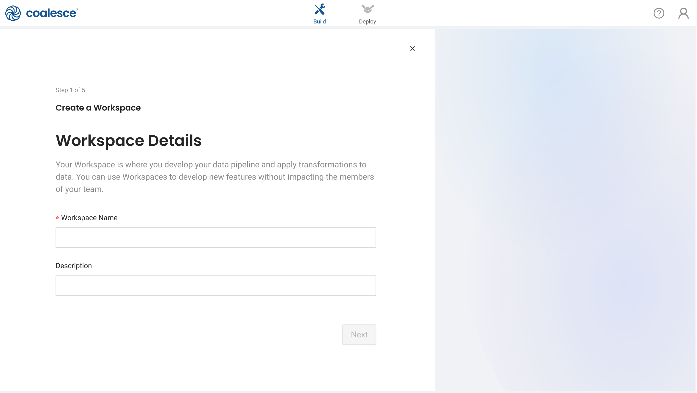 Step 1 of 5 workspace creation interface for Coalesce, showing fields for workspace name and description, with explanation that workspaces allow development of data transformations without impacting team members