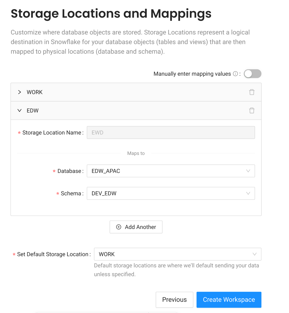 Storage Locations and Mappings configuration interface showing two locations (WORK and EDW), with EDW expanded to display database mapping to EDW_APAC and schema mapping to DEV_EDW. Interface includes toggle for manual mapping and option to set WORK as default storage location.