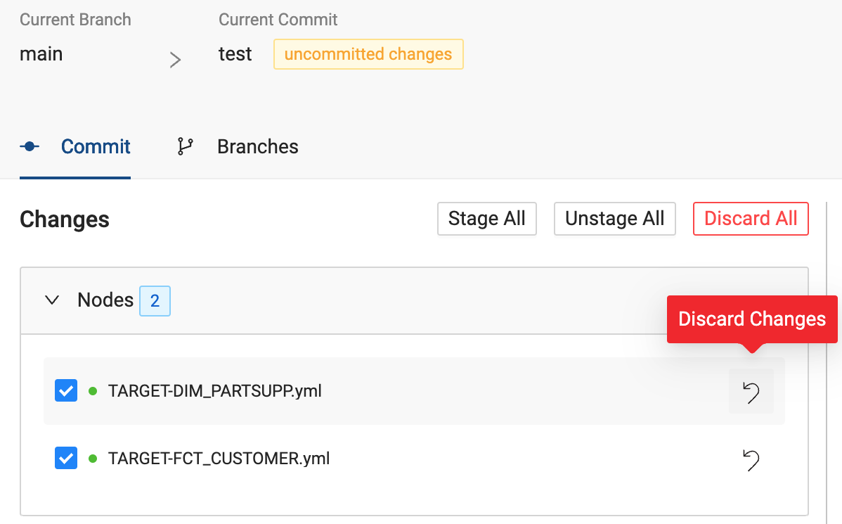 The image depicts a version control interface, highlighting changes to files. The interface shows the current branch as main with a pending commit labeled test that has uncommitted changes. There are options to stage, unstage, and discard changes, with a prominent Discard Changes button highlighted in red next to individual files and a Discard All button for bulk actions.